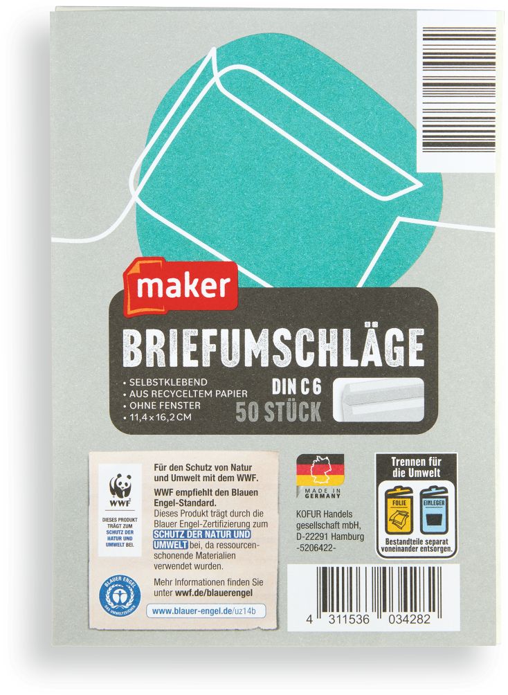 Briefumschlag C6 114x162mm, Recycling grau 75g, 50er Pack - Bild 1