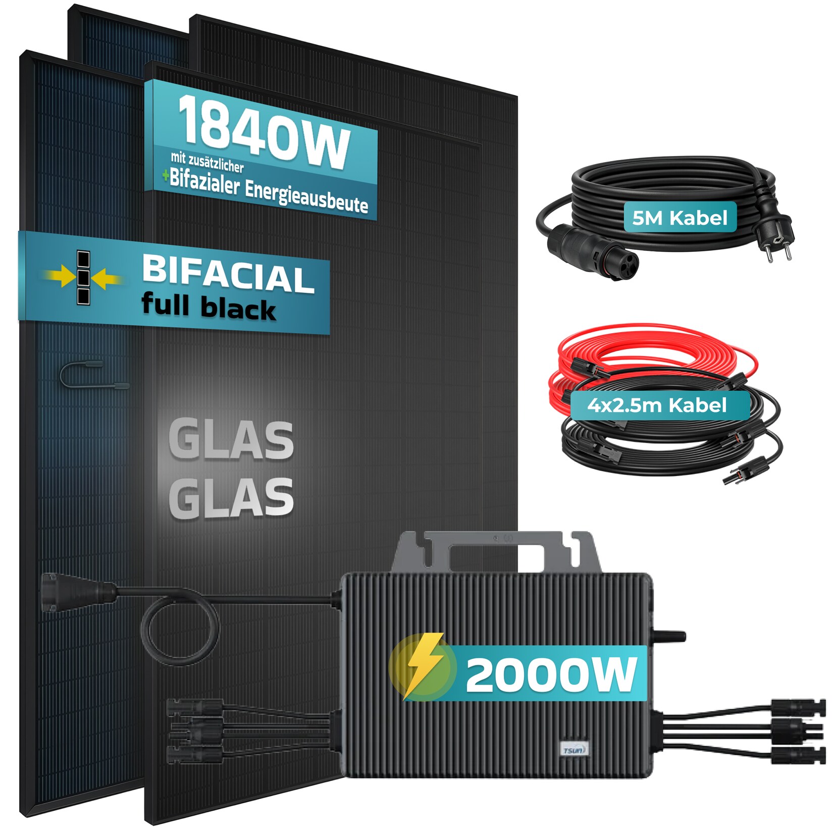 SUNNIVA® 1840W Balkonkraftwerk mit 2000W Wechselrichter TSUN, BIFAZIAL FULLBLACK komplett Steckdose, PV Solaranlage Komplettset mit 5m Anschlusskabel und 4x2.5m Solarkabel, 4x 460W N-Type Glas-Glas