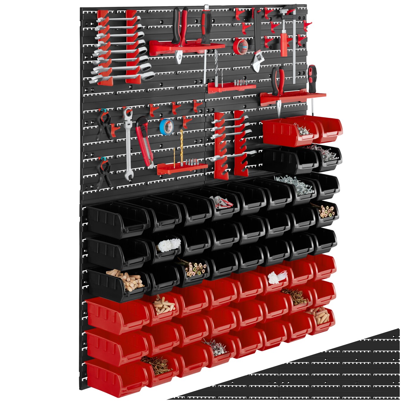 tectake® Kleinteilemagazin, 88-teilig, mit 4 Wandplatten, komfortable Eingriffsöffnung, inklusive Halterungen für Werkzeug und Zubehör