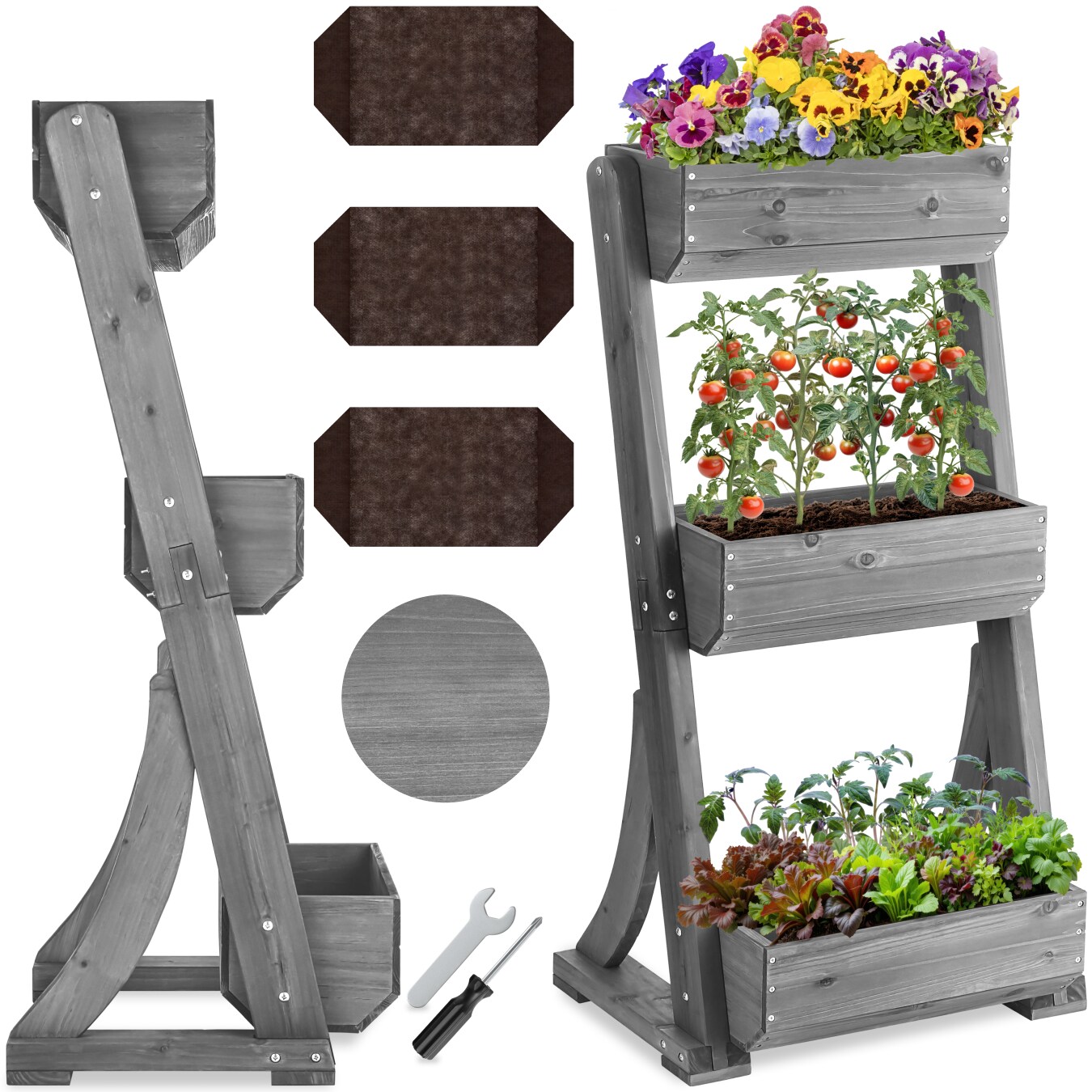 tectake® Hochbeet, 3 Etagen, wetterfest und standsicher, inklusive Pflanzvlies, 60 x 49 x 140 cm