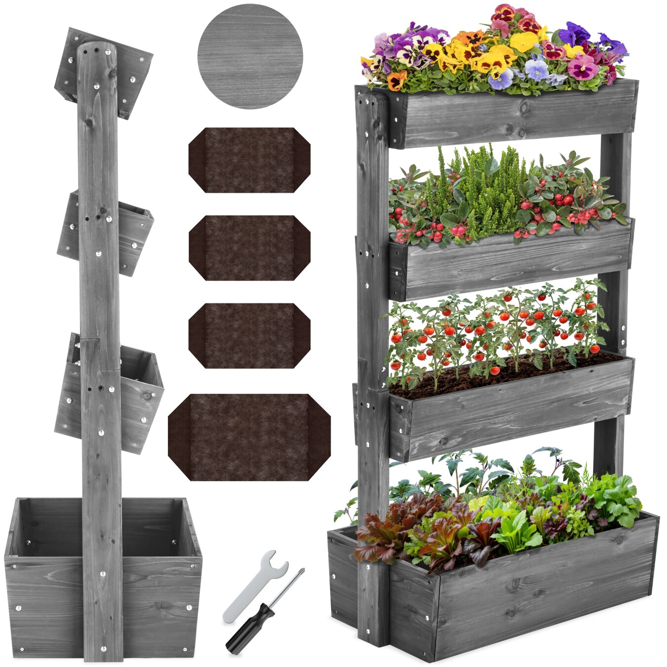 tectake® Hochbeet, 4 Etagen, die oberen 3 mit Schrägstellfunktion, wetterfest und standsicher, inklusive Pflanzvlies, 85 x 45 x 140 cm