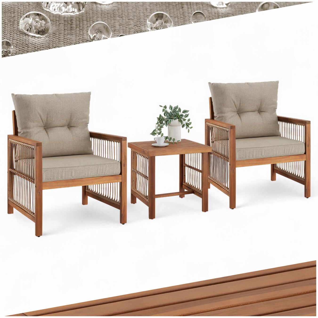 tectake® Lounge-Set, massives Holzgestell mit Polyrattan im Rope-Design, wasserabweisende, abnehmbare Polyesterbezüge, Sessel mit je 2 höhenverstellbaren Kunststofffüßen