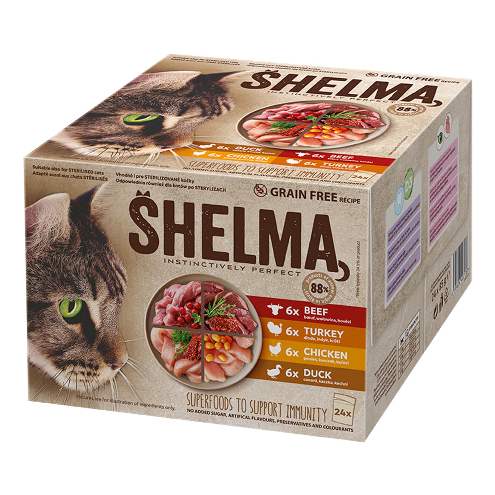 Shelma Multipack Fleisch-Varianten mit Huhn/Rind/Ente/Truthahn in Sauce 24x85g, Doppelpack - Bild 1