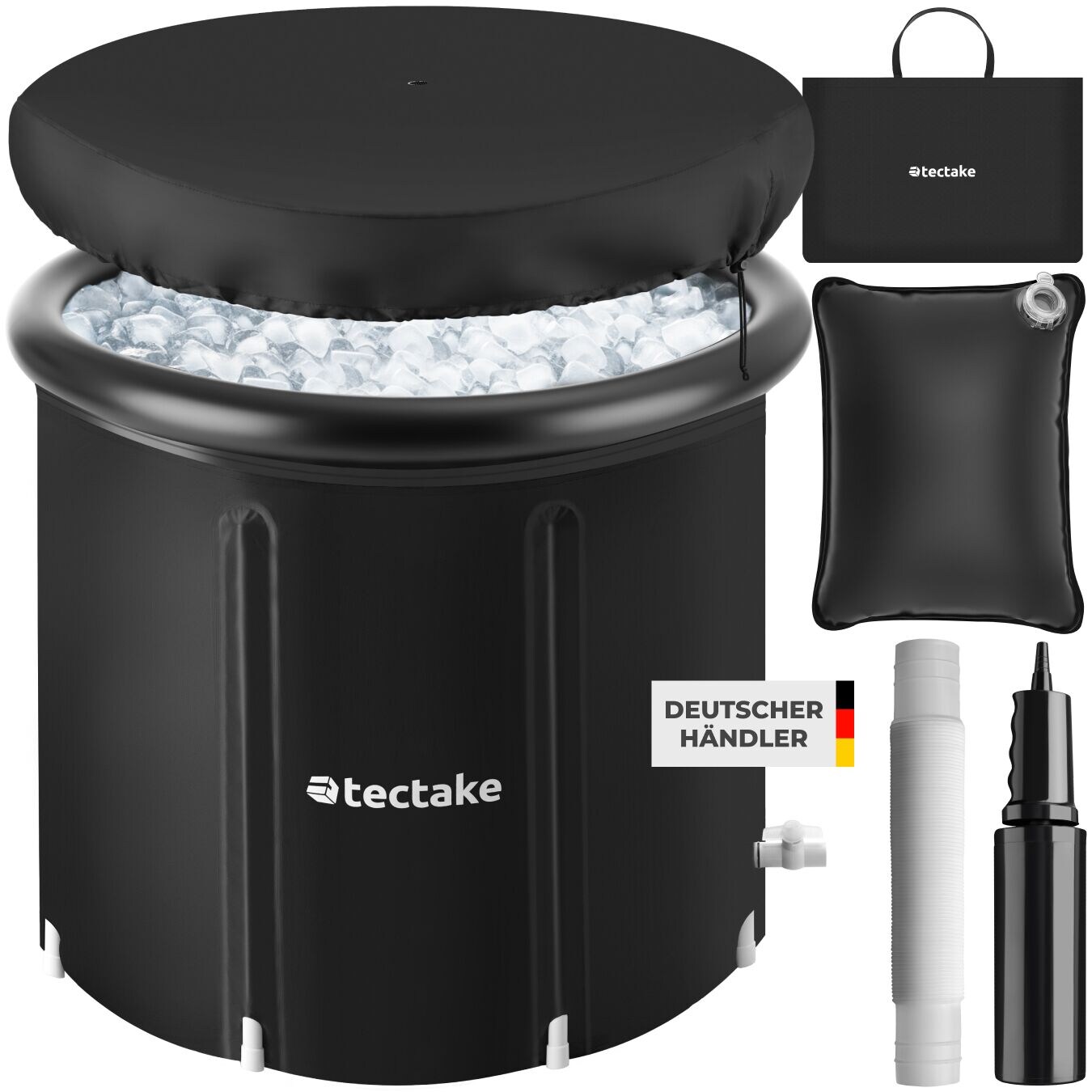 tectake® Eisbadetonne, faltbar, mit 3-facher Isolierung, zentraler Wasserablass und Ablaufhahn, inkl. Tragetasche, Pumpe und Wasserkissen