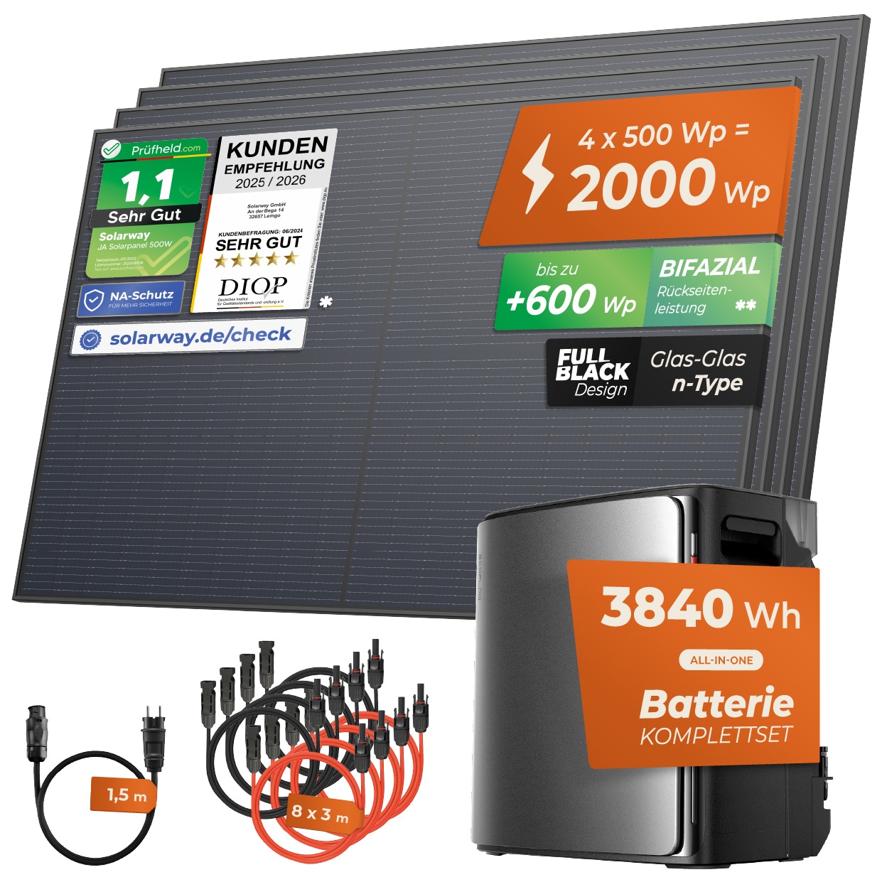 Solarway&reg; Balkonkraftwerk 2000Wp / 800W mit 3,8 kWh EcoFlow STREAM Ultra X Speicher &ndash; Komplettset mit 500W Solarmodulen, Wechselrichter & Zubeh&ouml;r &ndash; steckerfertige Mini-Solaranlage f&uuml;r die Steckdose - Bild 1