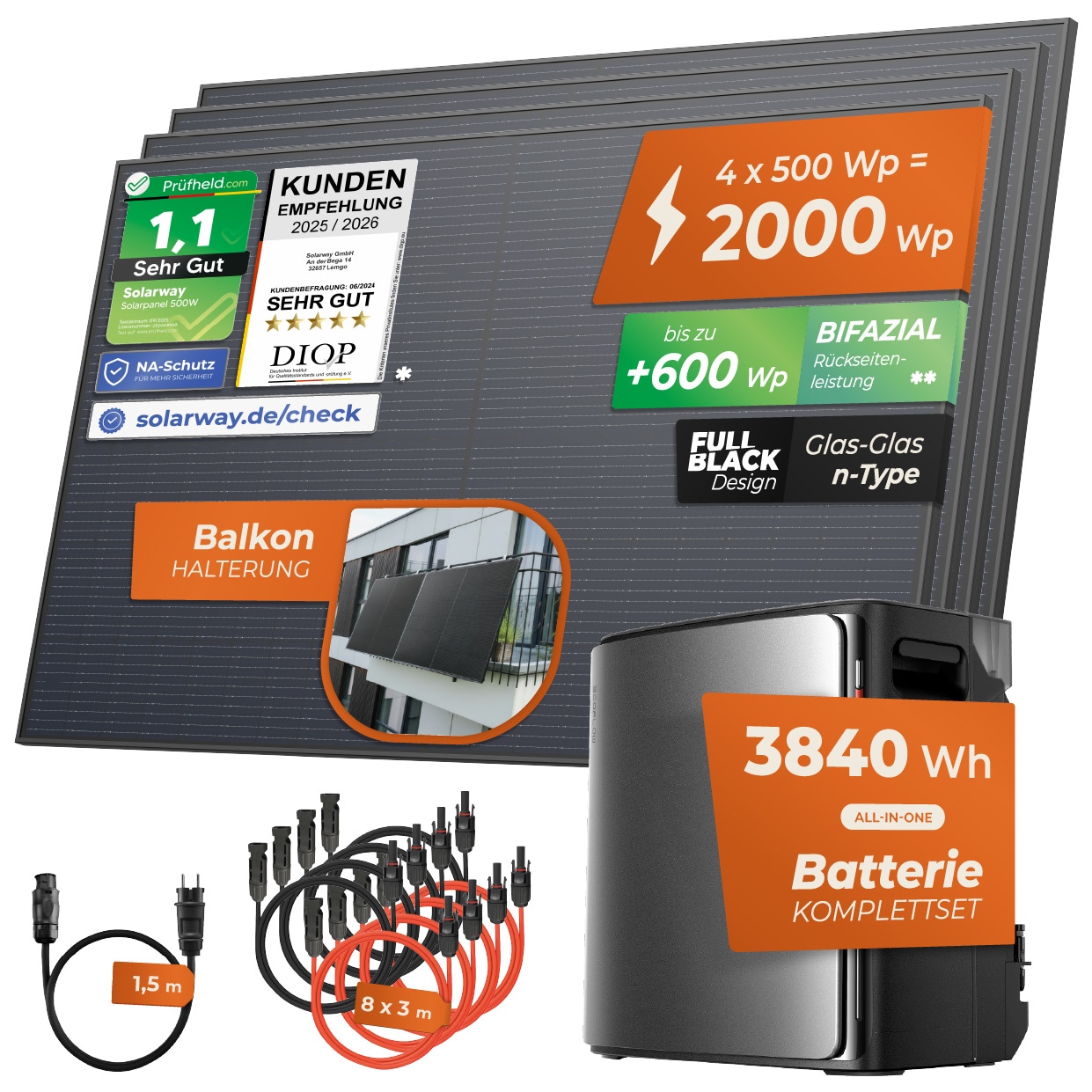 Solarway&reg; Balkonkraftwerk 2000Wp / 800W mit 3,8 kWh EcoFlow STREAM Ultra X Speicher &ndash; Komplettset mit 500W Solarmodulen, Wechselrichter & Zubeh&ouml;r &ndash; steckerfertige Mini-Solaranlage f&uuml;r die Steckdose - Bild 1