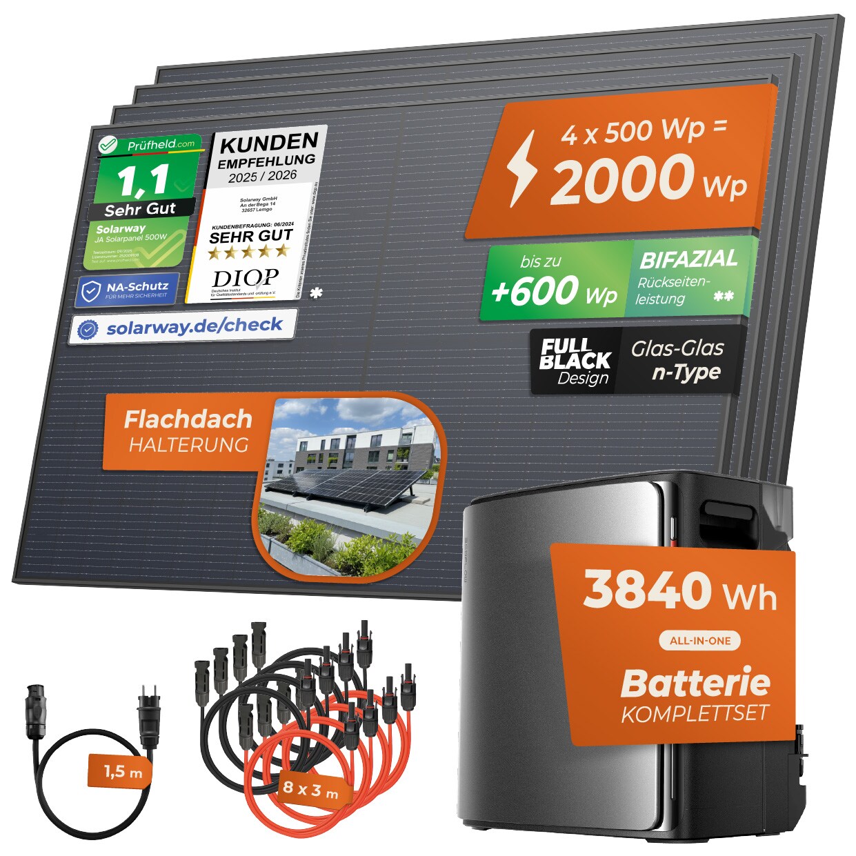 Solarway® Balkonkraftwerk 2000Wp / 800W mit 3,8 kWh EcoFlow STREAM Ultra X Speicher – Komplettset mit 500W Solarmodulen, Wechselrichter & Zubehör – steckerfertige Mini-Solaranlage für die Steckdose | 04262403076983