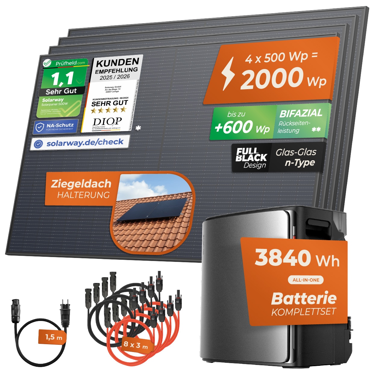 Solarway&reg; Balkonkraftwerk 2000Wp / 800W mit 3,8 kWh EcoFlow STREAM Ultra X Speicher &ndash; Komplettset mit 500W Solarmodulen, Wechselrichter & Zubeh&ouml;r &ndash; steckerfertige Mini-Solaranlage f&uuml;r die Steckdose - Bild 1