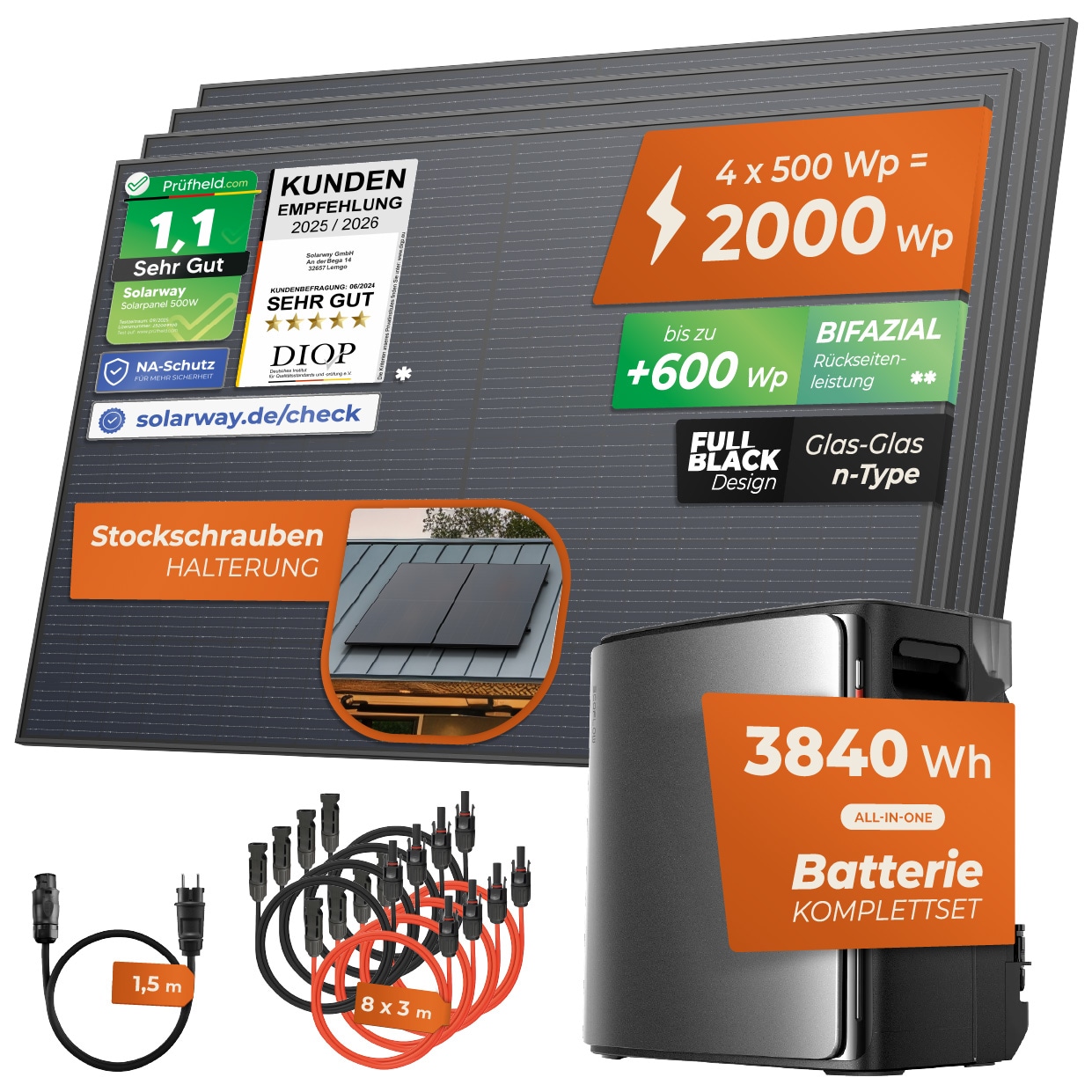 Solarway&reg; Balkonkraftwerk 2000Wp / 800W mit 3,8 kWh EcoFlow STREAM Ultra X Speicher &ndash; Komplettset mit 500W Solarmodulen, Wechselrichter & Zubeh&ouml;r &ndash; steckerfertige Mini-Solaranlage f&uuml;r die Steckdose - Bild 1