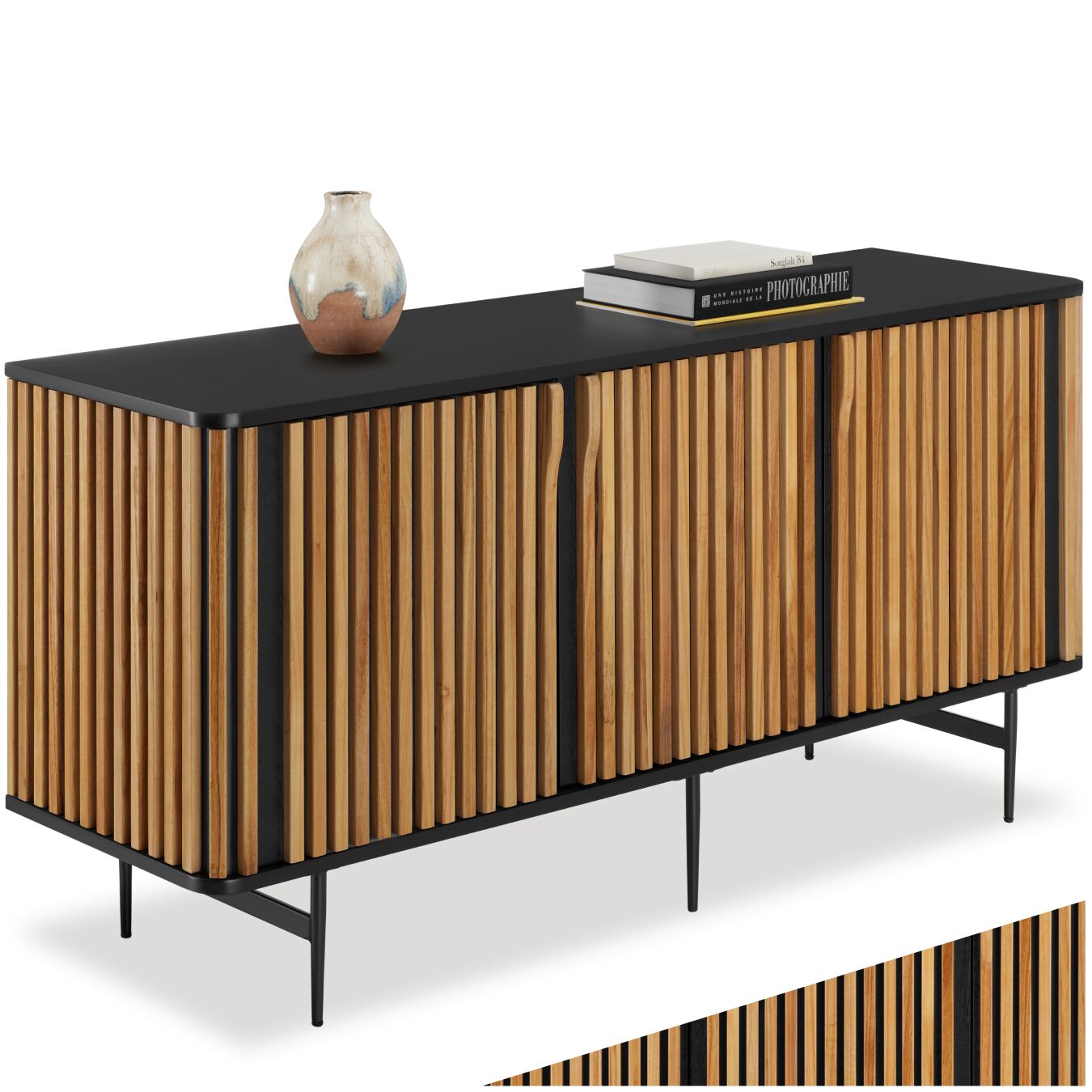 tectake&reg; Sideboard, Holzkorpus mit Lamellendesign, integrierte ergonomische Griffe, 156 x 45,5 x 74 cm, h&ouml;henverstellbare F&uuml;&szlig;e - Bild 1