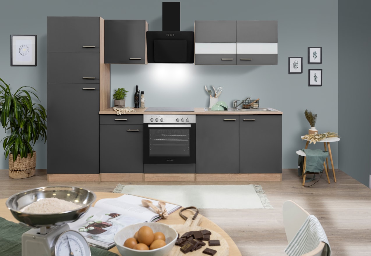 Respekta K&uuml;chenzeile ca 270 cm mit K&uuml;hlschrank-versch. Ausf&uuml;hrungen - Grau - Bild 1