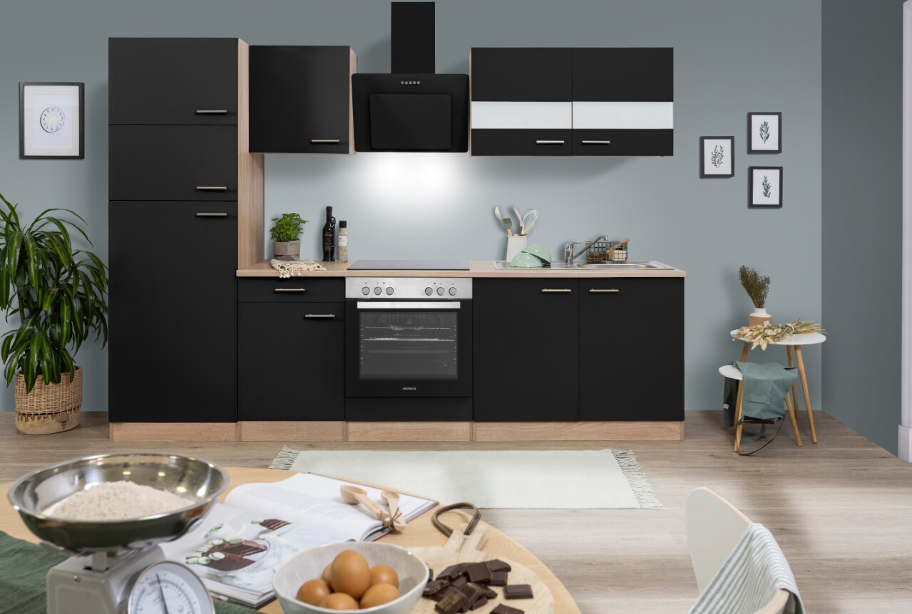 Respekta Küchenzeile ca 270 cm mit Kühlschrank -versch. Ausführungen - schwarz