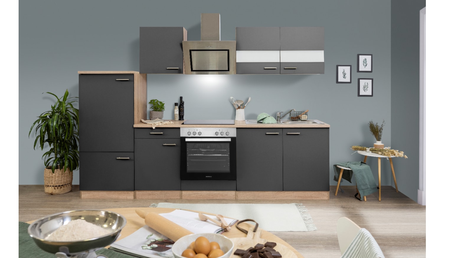 Respekta K&uuml;chenzeile ca 270 cm mit K&uuml;hl-/Gefrierkombi -versch. Ausf&uuml;hrungen - grau - Bild 1