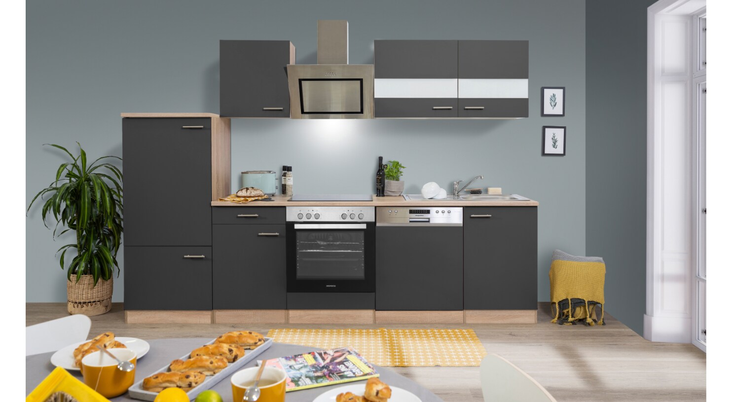 Respekta K&uuml;chenzeile ca 280 cm mit K&uuml;hlschrank und Geschirrsp&uuml;ler - versch. Ausf&uuml;hrungen - grau - Bild 1