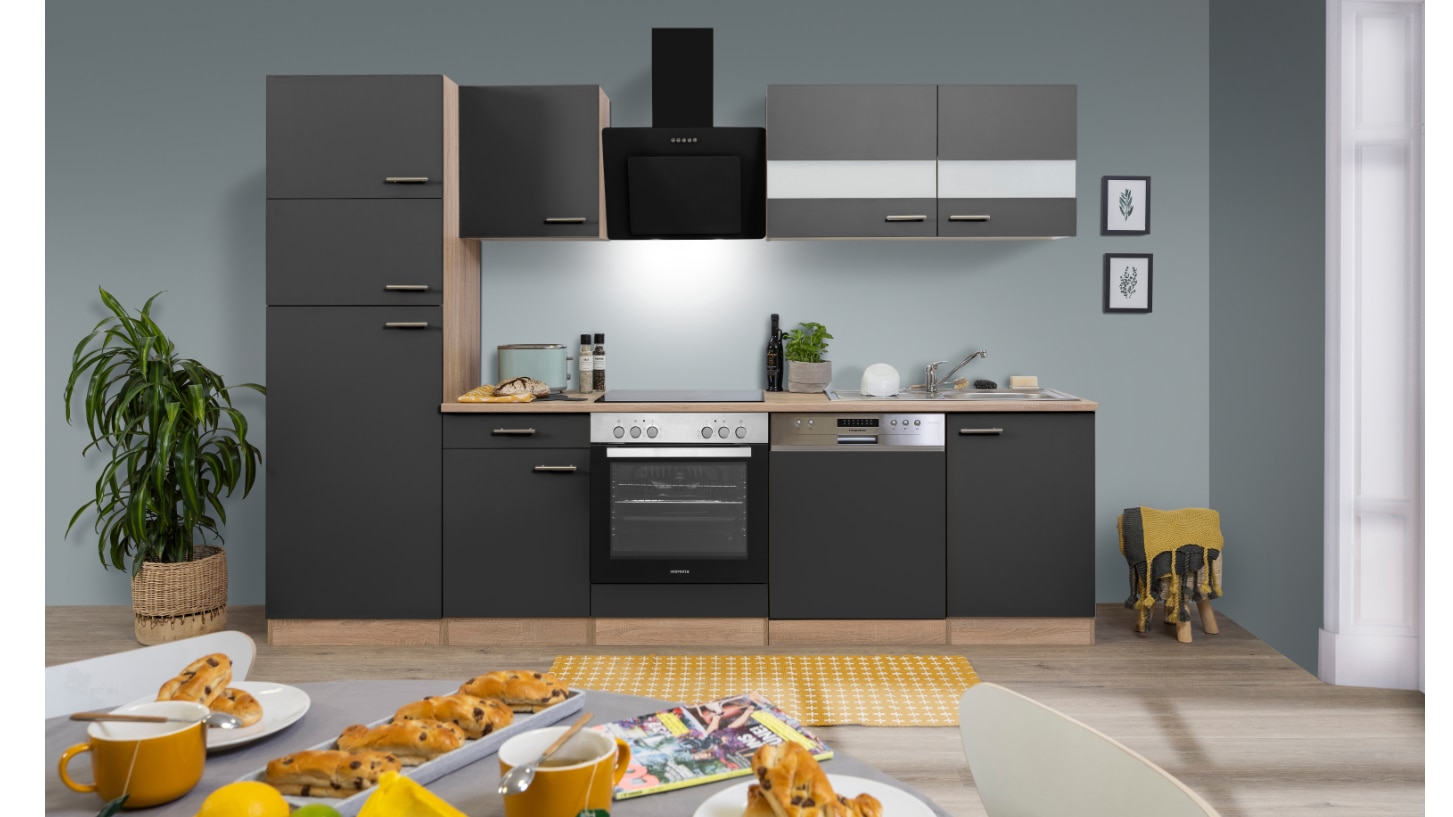 Respekta K&uuml;chenzeile ca 280 cm mit K&uuml;hl-/ Gefrierkombi und Geschirrsp&uuml;ler - versch. Ausf&uuml;hrungen - grau - Bild 1