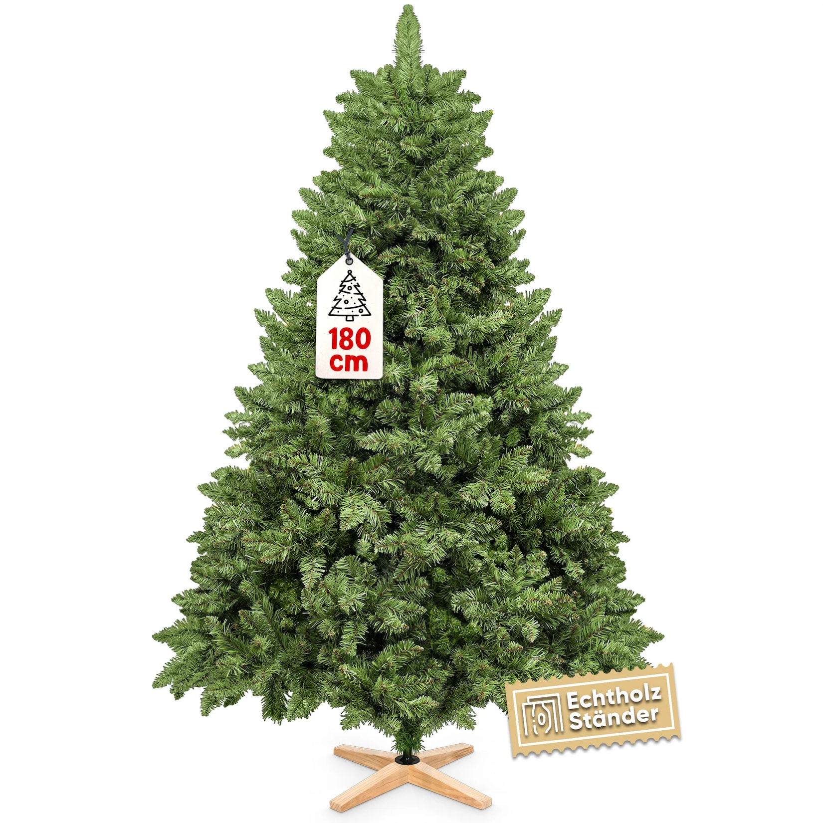 VESKA Weihnachtsbaum künstlich 180cm - mit Holzständer, Nordmanntanne, Künstlicher Tannenbaum, Naturgetreu, dichte Zweige ohne LED