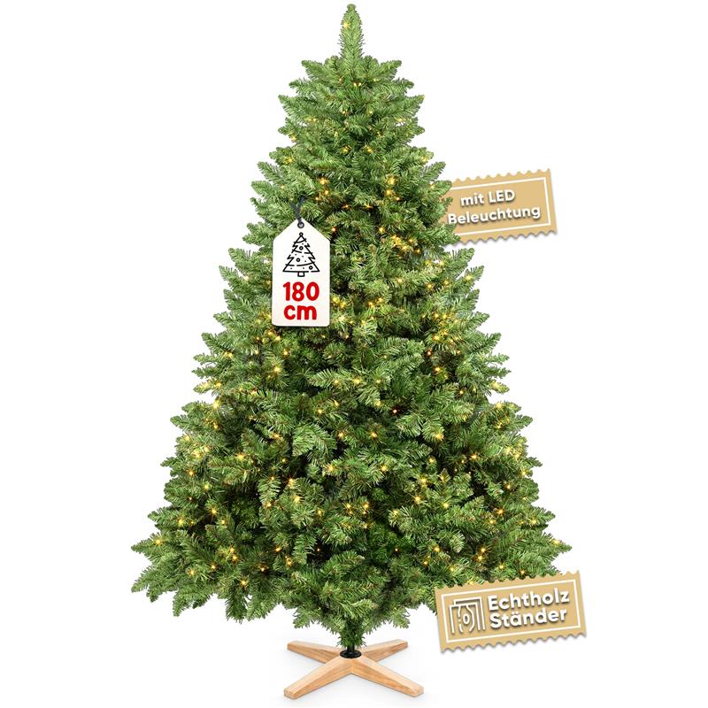 VESKA Weihnachtsbaum k&uuml;nstlich 180cm - mit Holzst&auml;nder, Nordmanntanne, K&uuml;nstlicher Tannenbaum, Naturgetreu, dichte Zweige mit LED - Bild 1