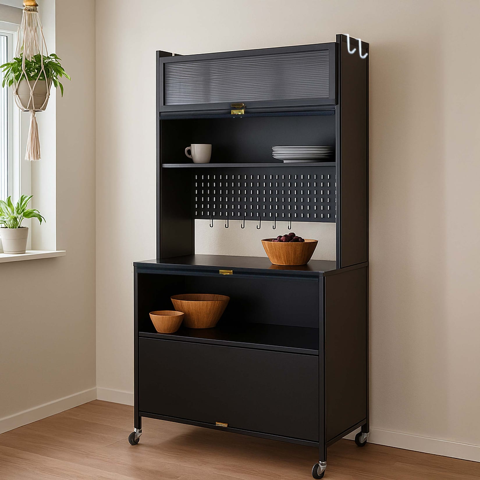 Küchenschrank MCW-O53, Küchenregal Schrank Arbeitsplatte Schrankfächer rollbar Metall 175x80x42cm ~ schwarz