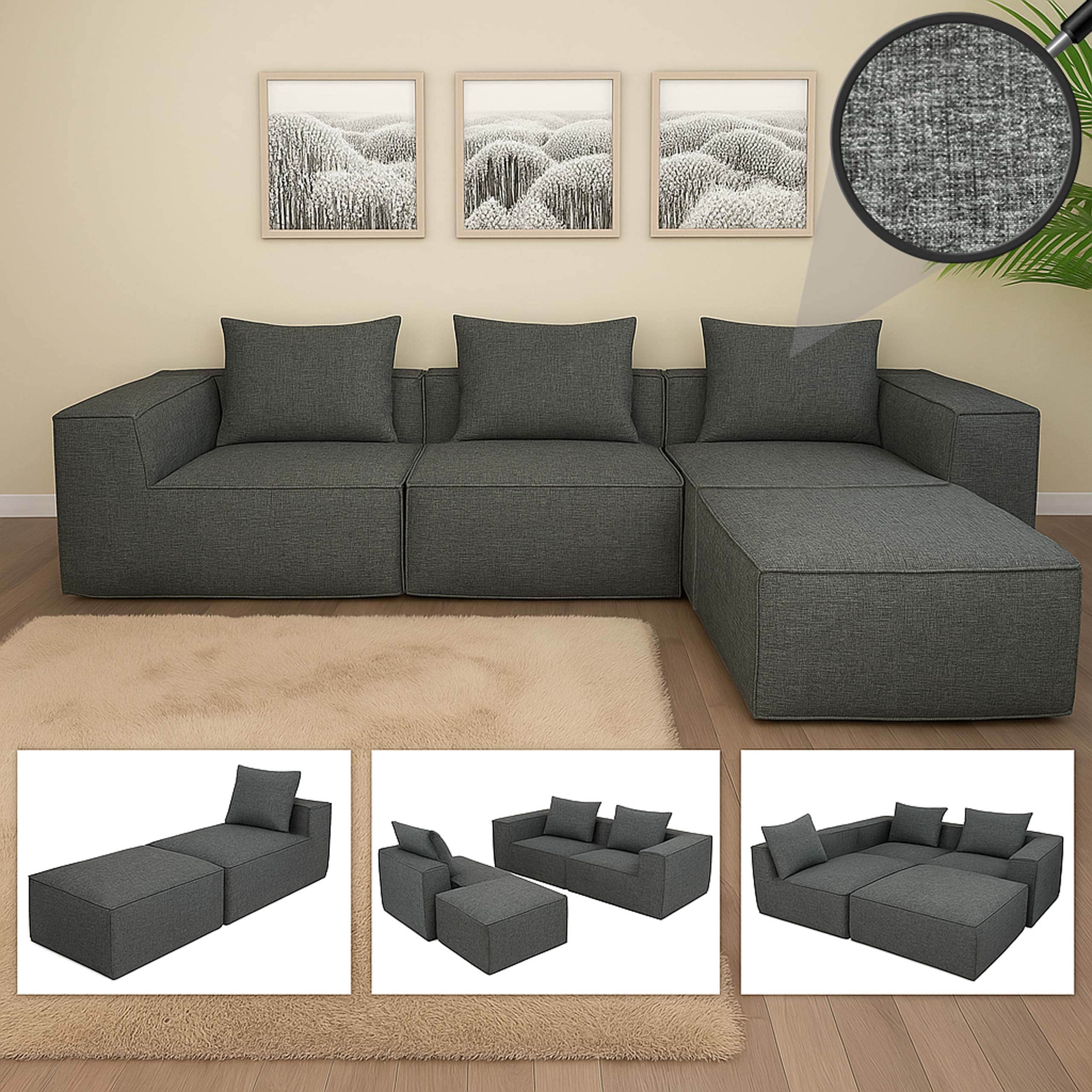 L-Sofa MCW-O54, Lounge-Couch mit Ottomane, erweiterbar modular rechts/links, Stoff/Textil 63x270x190cm ~ dunkelgrau - Bild 1