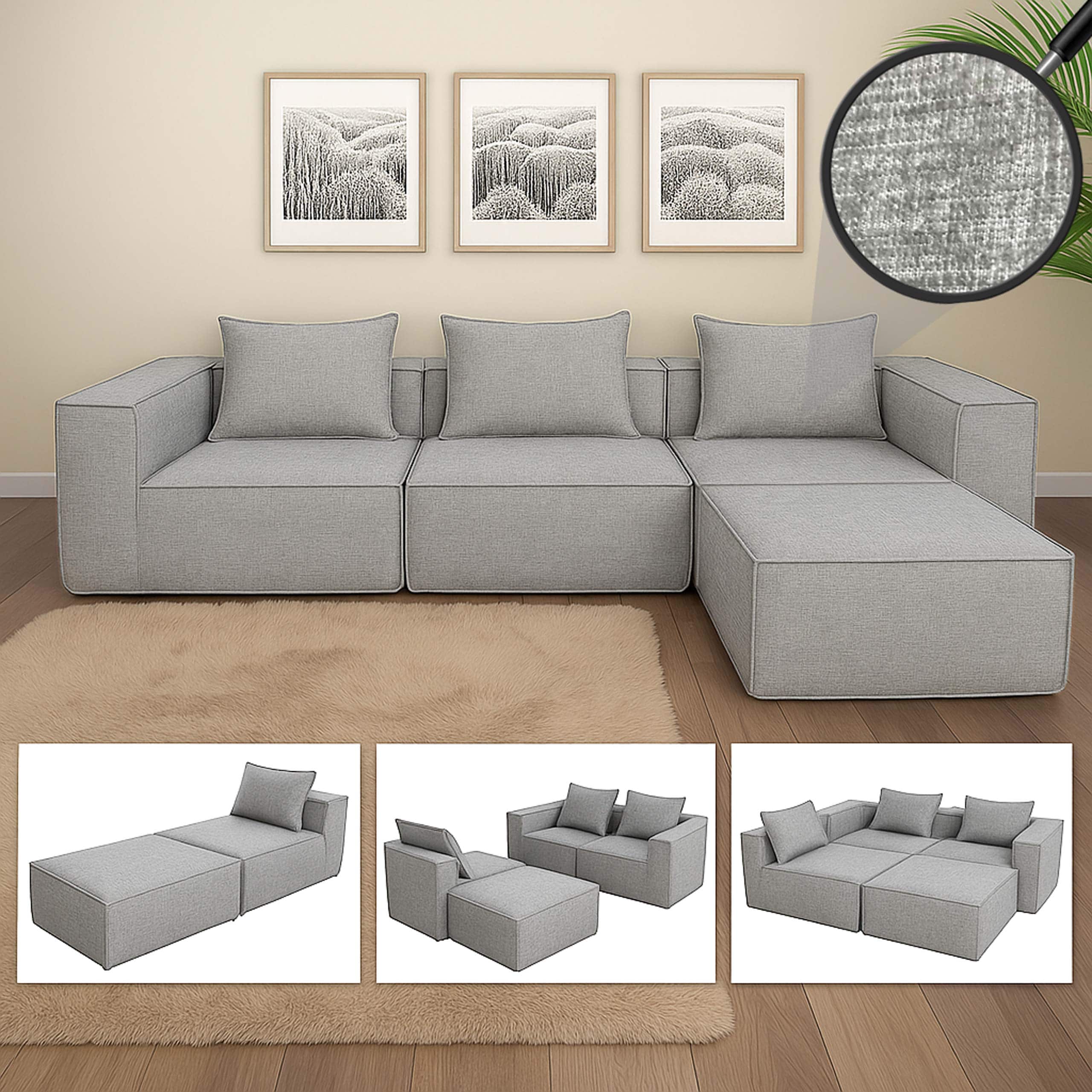 L-Sofa MCW-O54, Lounge-Couch mit Ottomane, erweiterbar modular rechts/links, Stoff/Textil 63x270x190cm ~ hellgrau - Bild 1