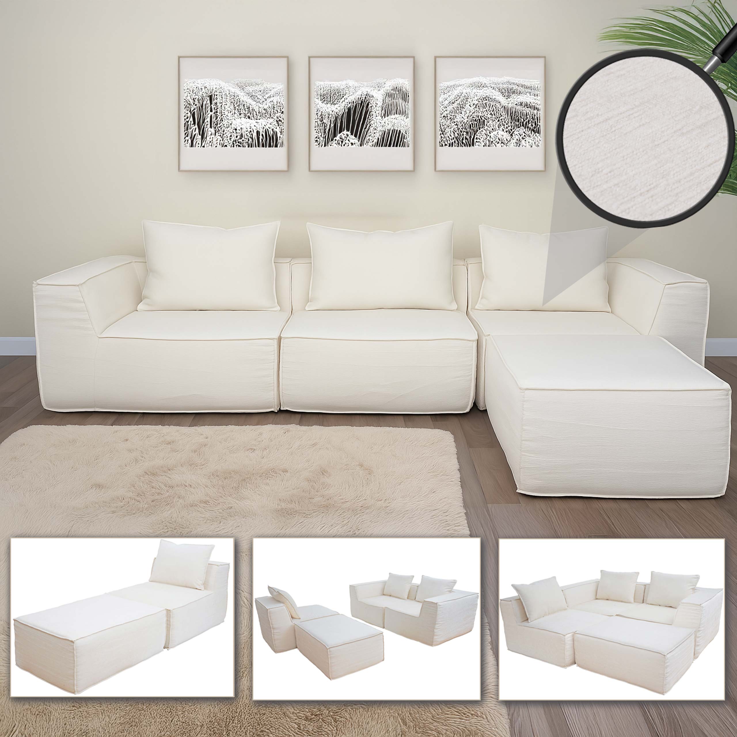 L-Sofa MCW-O54, Lounge-Couch mit Ottomane, erweiterbar modular rechts/links, Stoff/Textil 63x270x190cm ~ creme - Bild 1