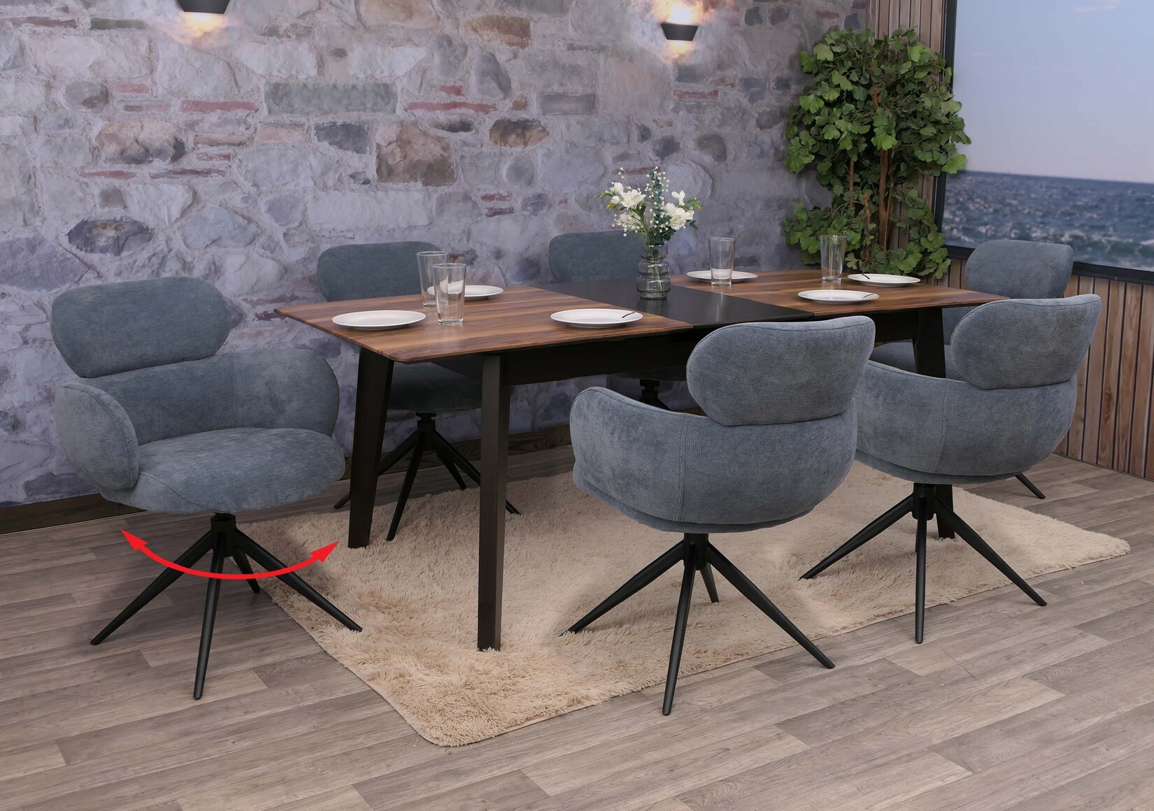 6er-Set Esszimmerstuhl MCW-O77, Küchenstuhl Stuhl, drehbar Auto-Return, Stoff (310g/m²) Chenille Öko-Tex ~ grau-blau