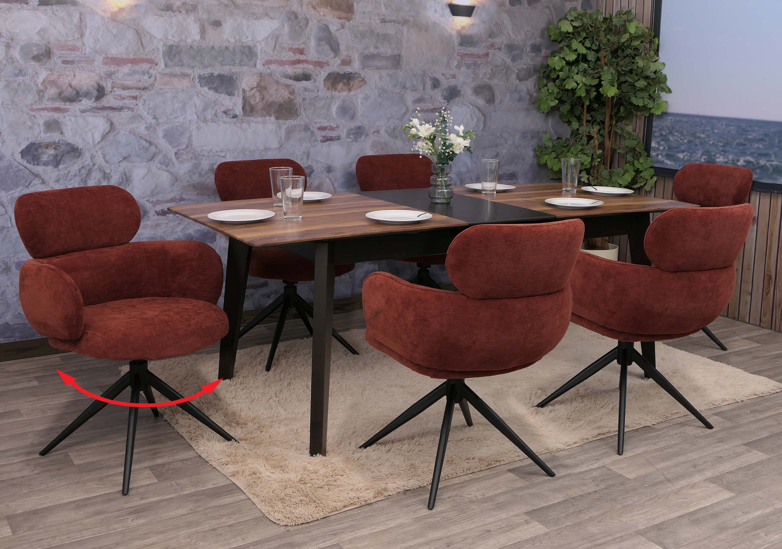 6er-Set Esszimmerstuhl MCW-O77, K&uuml;chenstuhl Stuhl, drehbar Auto-Return, Stoff (310g/m&sup2;) Chenille &Ouml;ko-Tex~ rotbraun - Bild 1