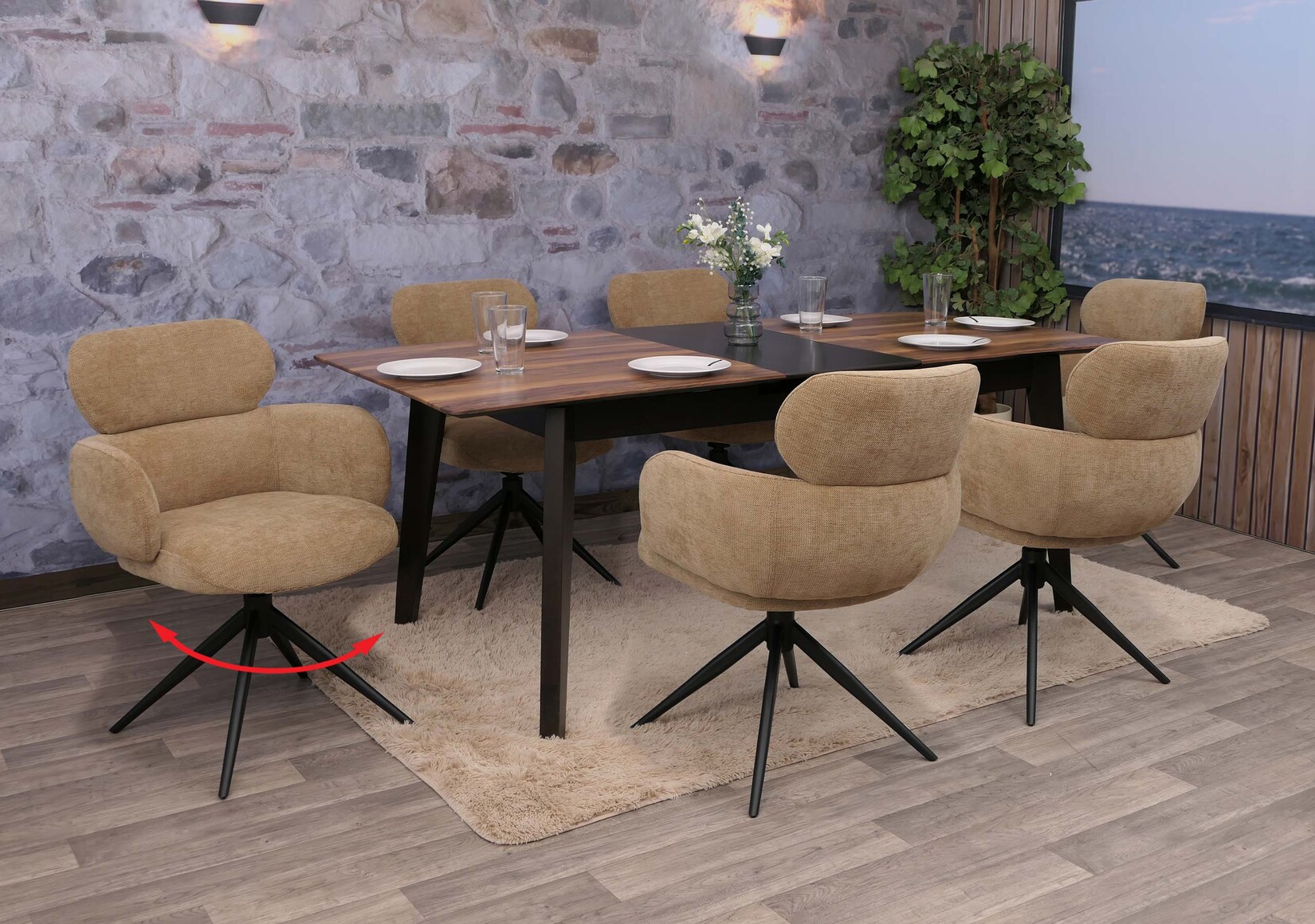 6er-Set Esszimmerstuhl MCW-O77, Küchenstuhl Stuhl, drehbar Auto-Return, Stoff (310g/m²) Chenille Öko-Tex ~ hellbraun