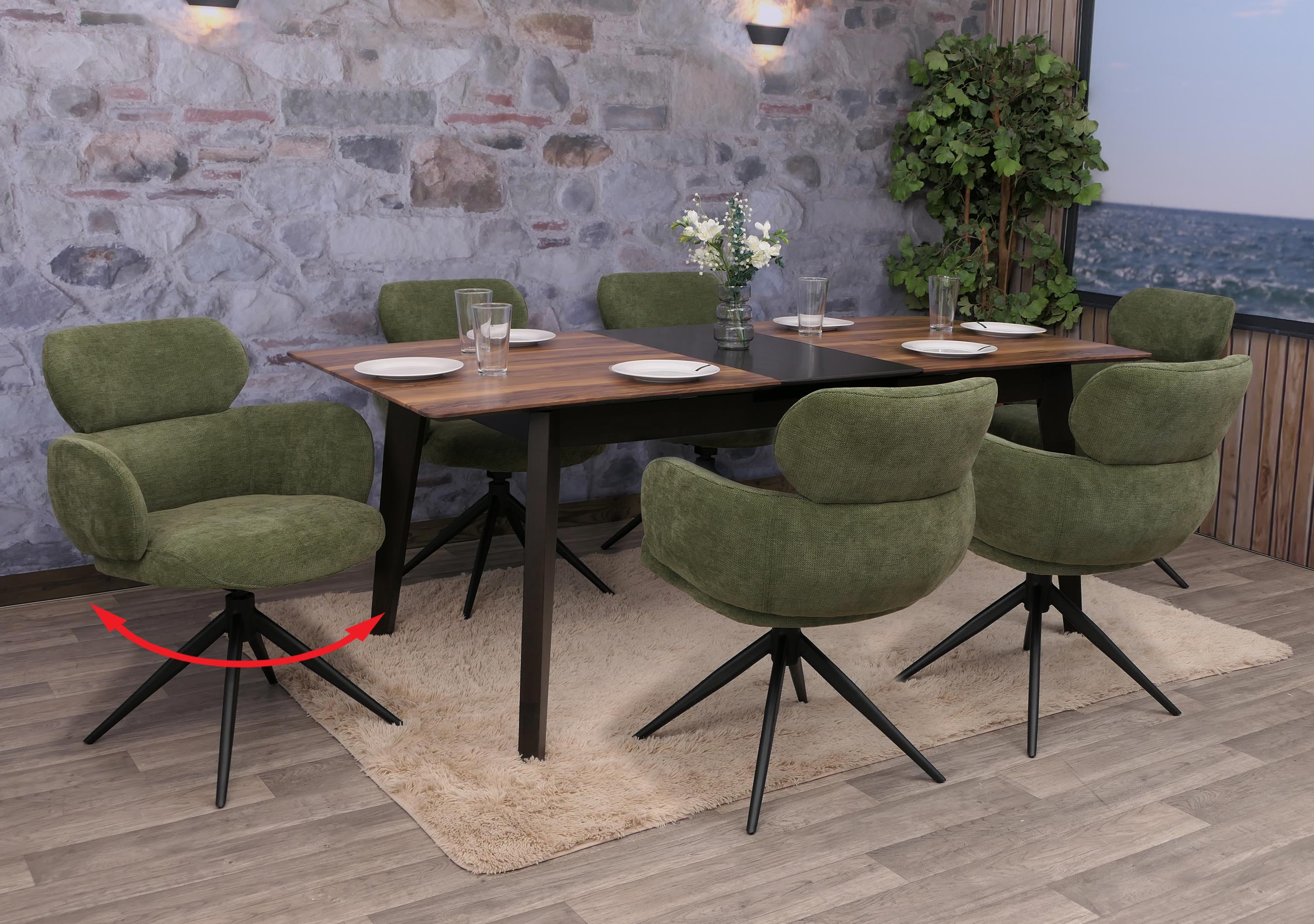 6er-Set Esszimmerstuhl MCW-O77, K&uuml;chenstuhl Stuhl, drehbar Auto-Return, Stoff (310g/m&sup2;) Chenille &Ouml;ko-Tex ~ olivgr&uuml;n - Bild 1
