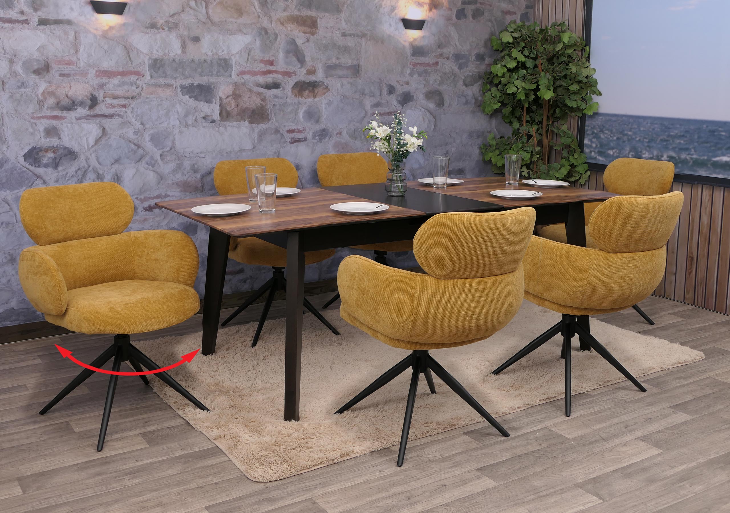 6er-Set Esszimmerstuhl MCW-O77, K&uuml;chenstuhl Stuhl, drehbar Auto-Return, Stoff (310g/m&sup2;) Chenille ~ senfgelb - Bild 1