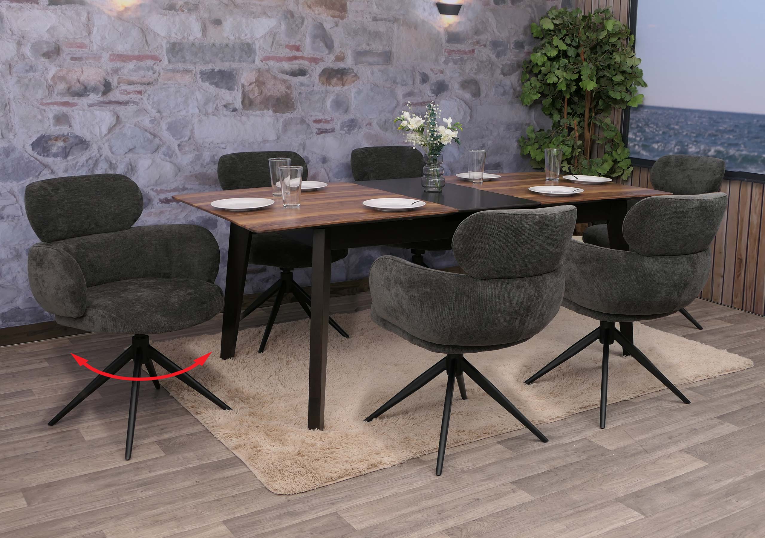 6er-Set Esszimmerstuhl MCW-O77, K&uuml;chenstuhl Stuhl, drehbar Auto-Return, Stoff (310g/m&sup2;) Chenille &Ouml;ko-Tex ~ anthrazit - Bild 1