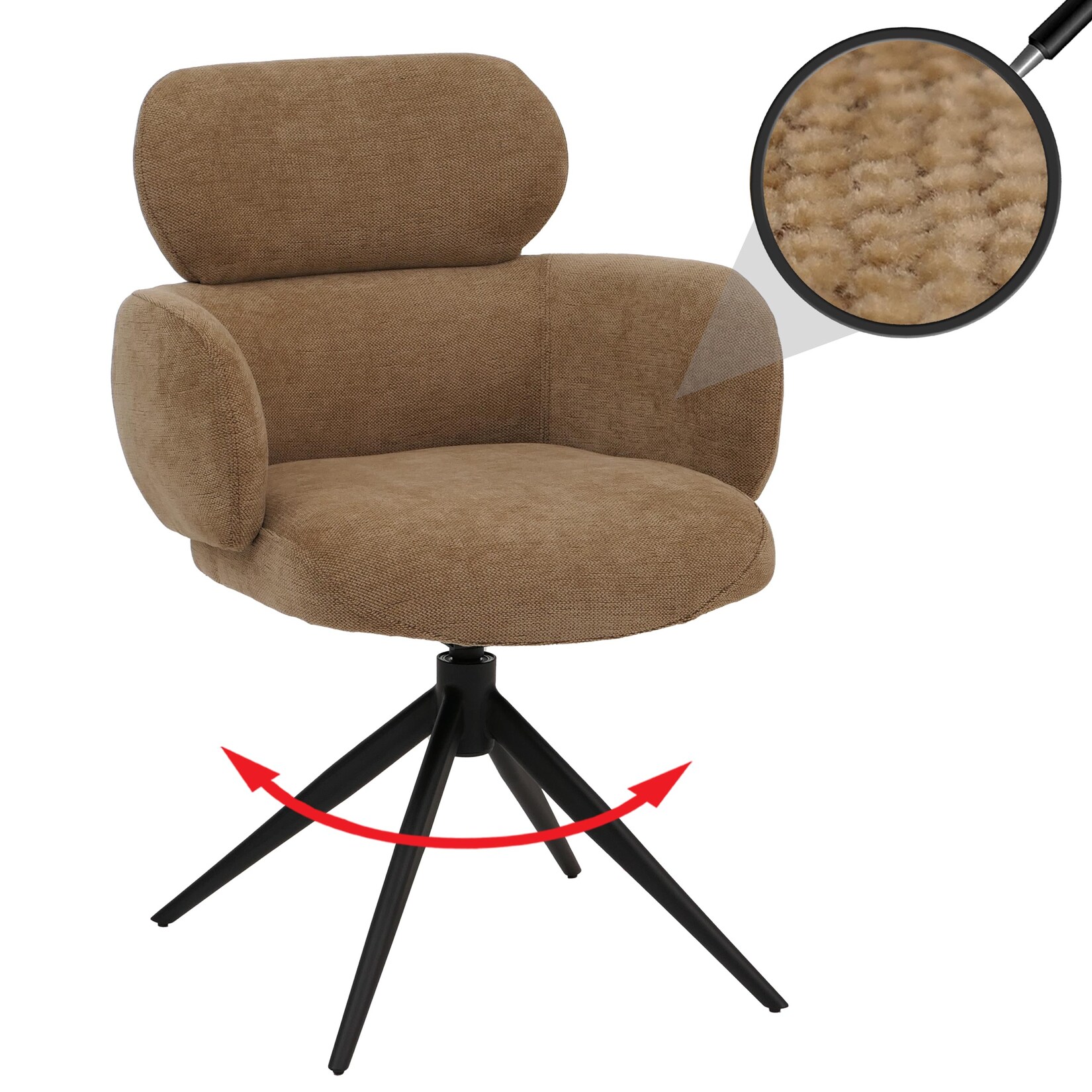 Esszimmerstuhl MCW-O77, Küchenstuhl Polsterstuhl, drehbar Auto-Return, Stoff (310g/m²) Chenille Öko-Tex ~ hellbraun
