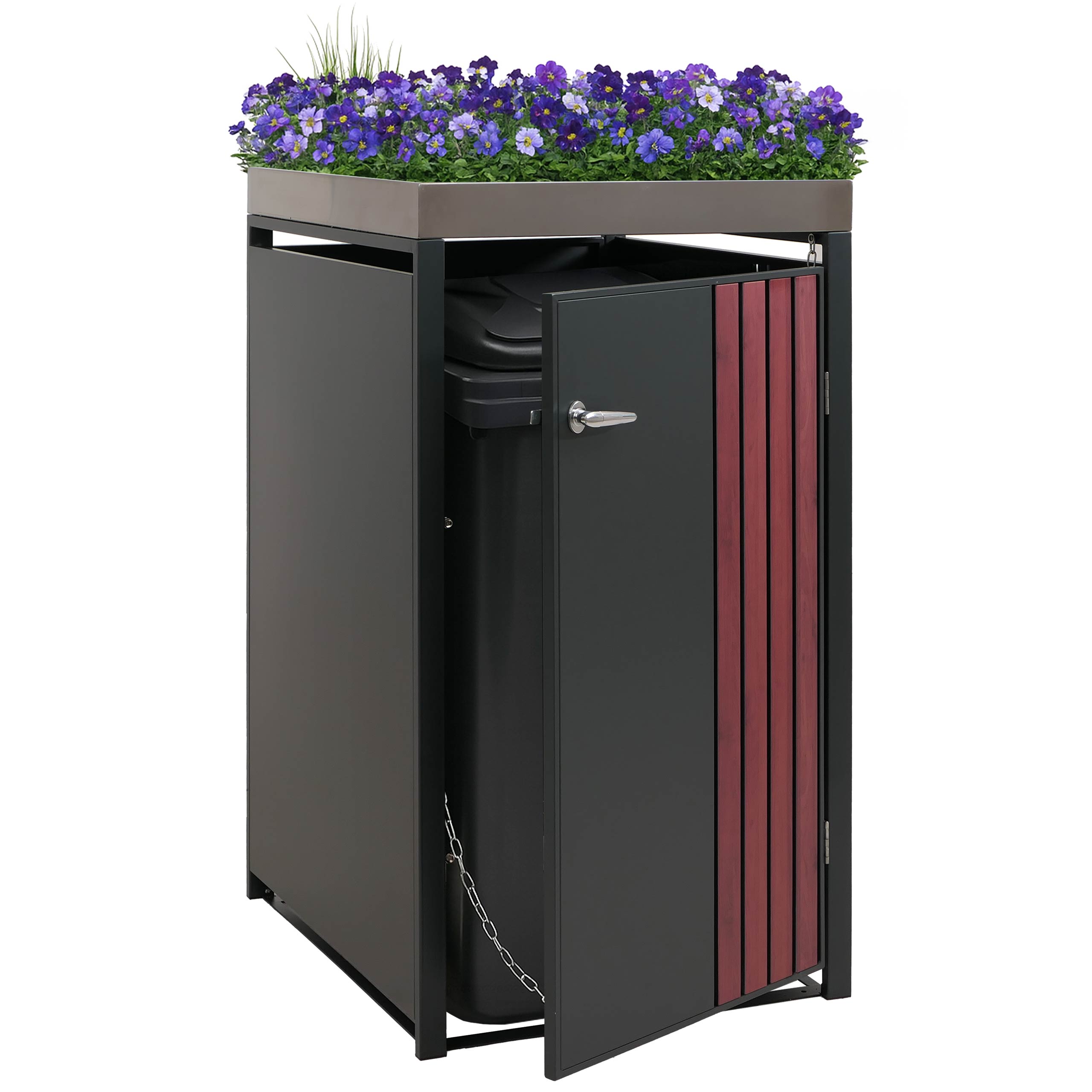 1er-M&uuml;lltonnenverkleidung MCW-O67, M&uuml;lltonnenbox mit Pflanzkasten, Metall 125x68x84cm 35kg ~ anthrazit Holzoptik dunkel - Bild 1