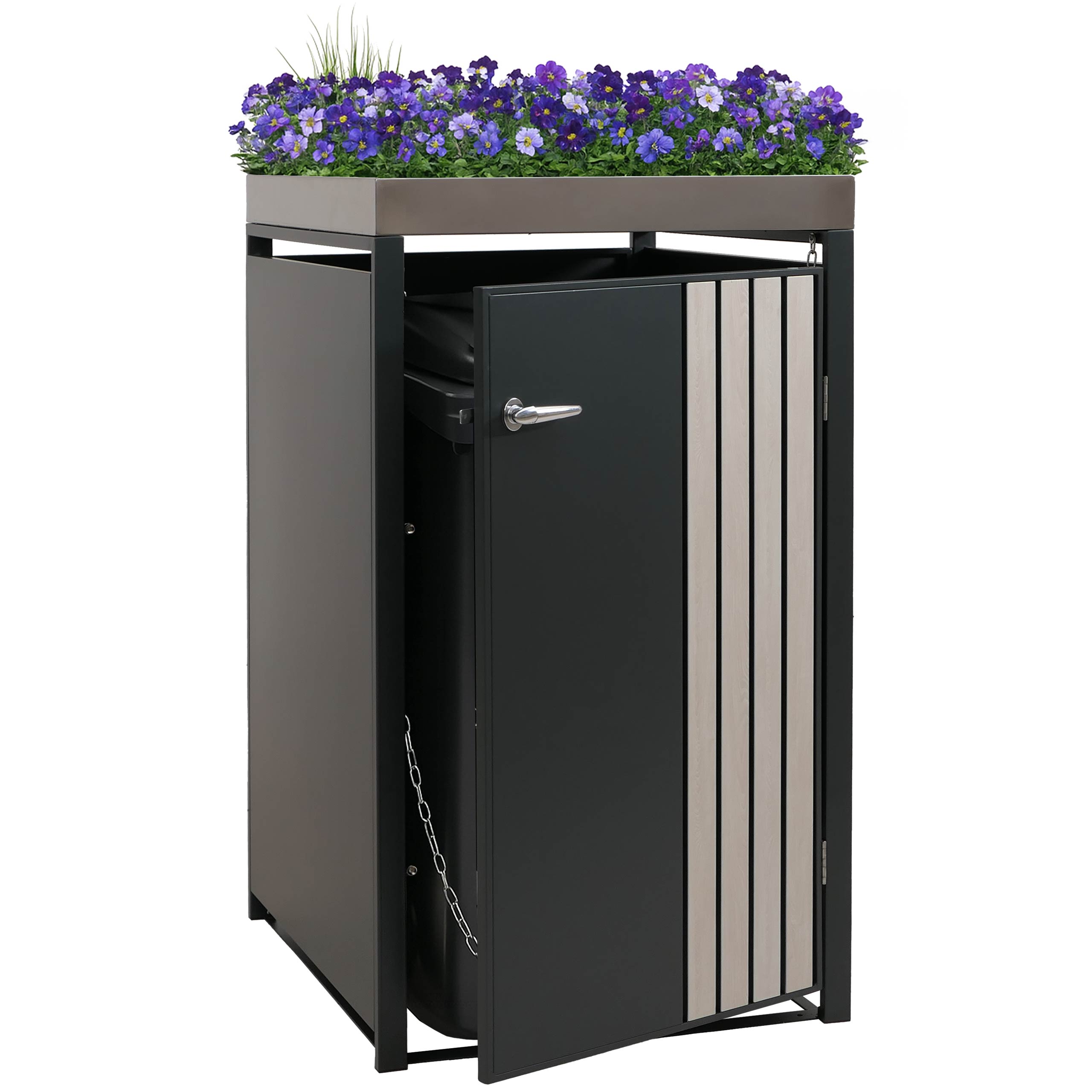 1er-M&uuml;lltonnenverkleidung MCW-O67, M&uuml;lltonnenbox mit Pflanzkasten, Metall 125x68x84cm 35kg ~ anthrazit Holzoptik hell - Bild 1