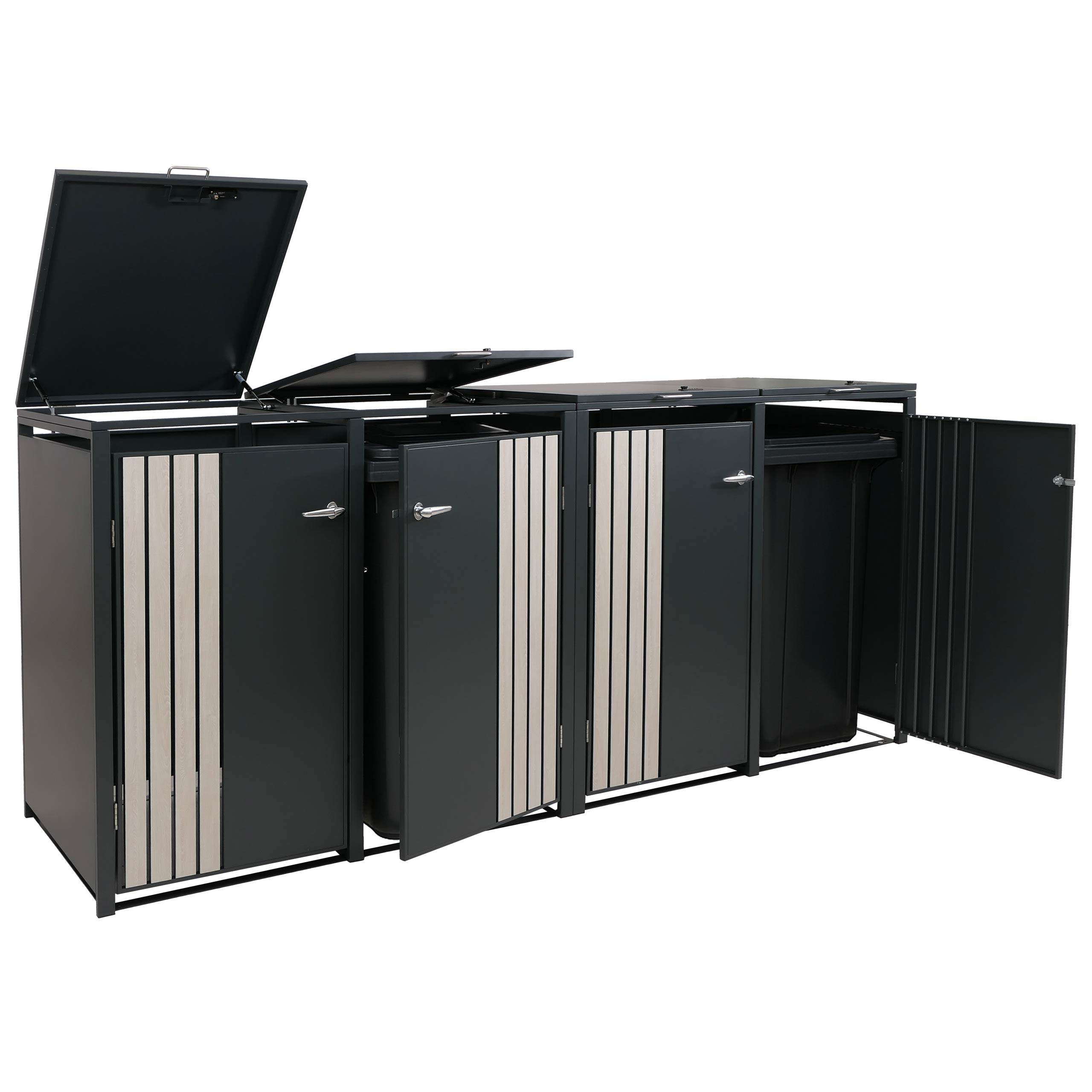 4er-M&uuml;lltonnenverkleidung MCW-O67, M&uuml;lltonnenbox mit Deckel, Metall 122x264x84cm 104kg ~ anthrazit Holzoptik hell - Bild 1