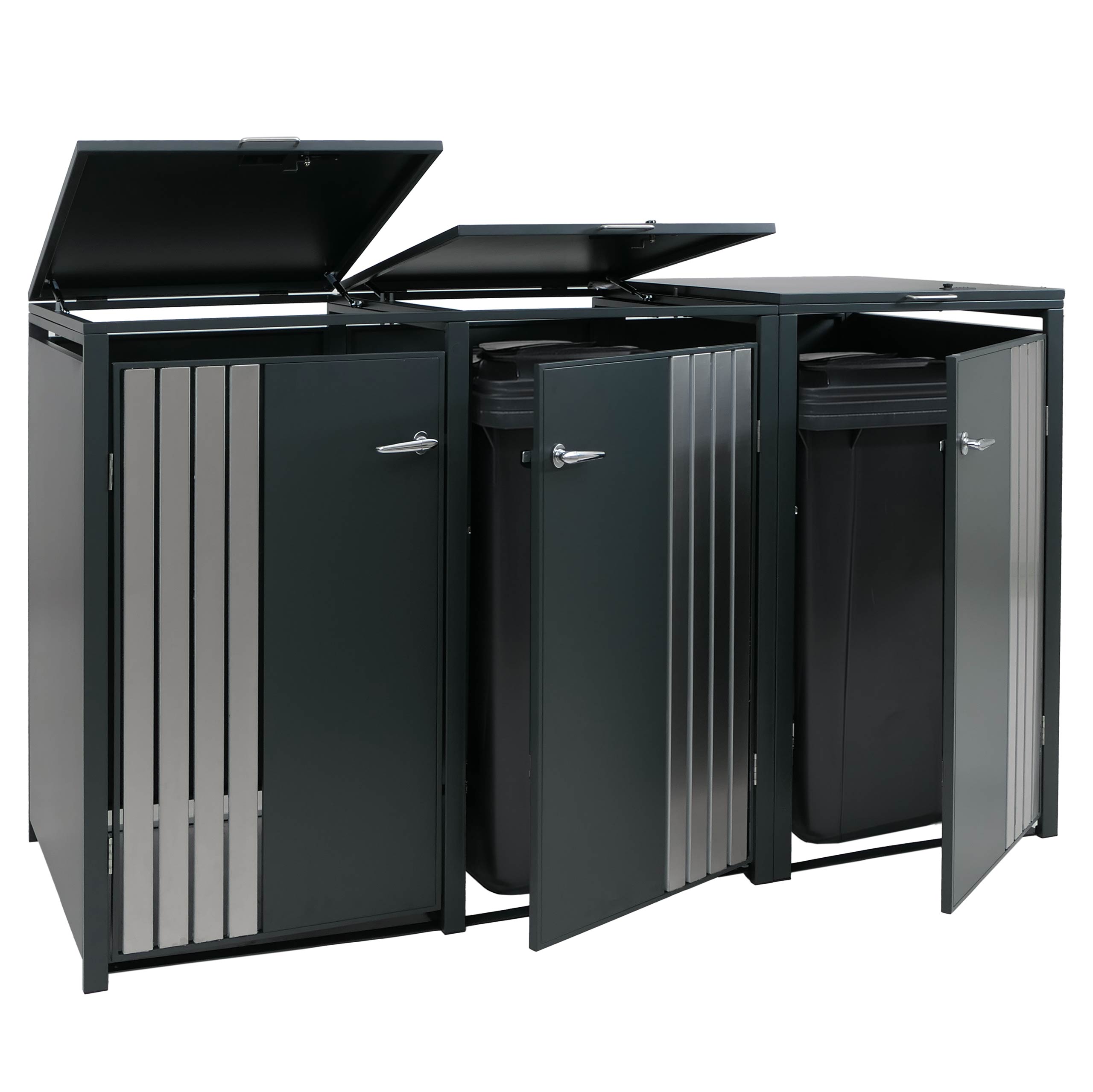 3er-M&uuml;lltonnenverkleidung MCW-O67, M&uuml;lltonnenbox mit Deckel, Metall 122x200x84cm 83kg ~ anthrazit Edelstahl - Bild 1