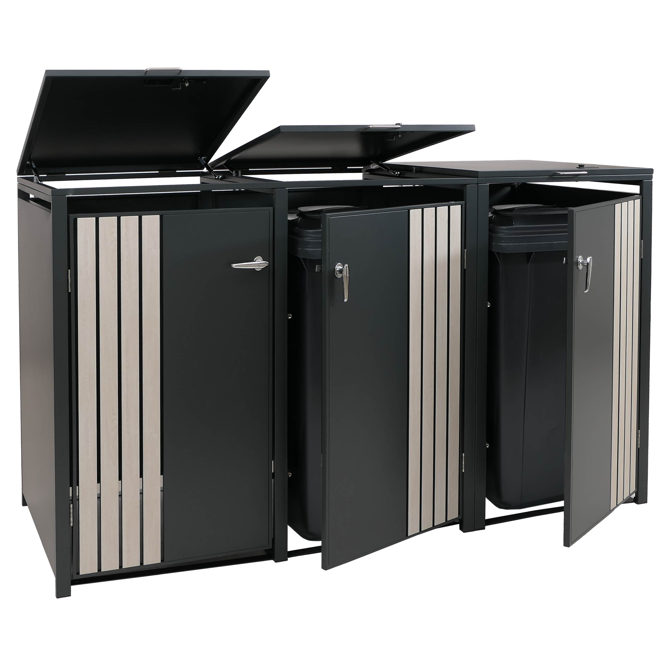 3er-M&uuml;lltonnenverkleidung MCW-O67, M&uuml;lltonnenbox mit Deckel, Metall 122x200x84cm 83kg ~ anthrazit Holzoptik hell - Bild 1