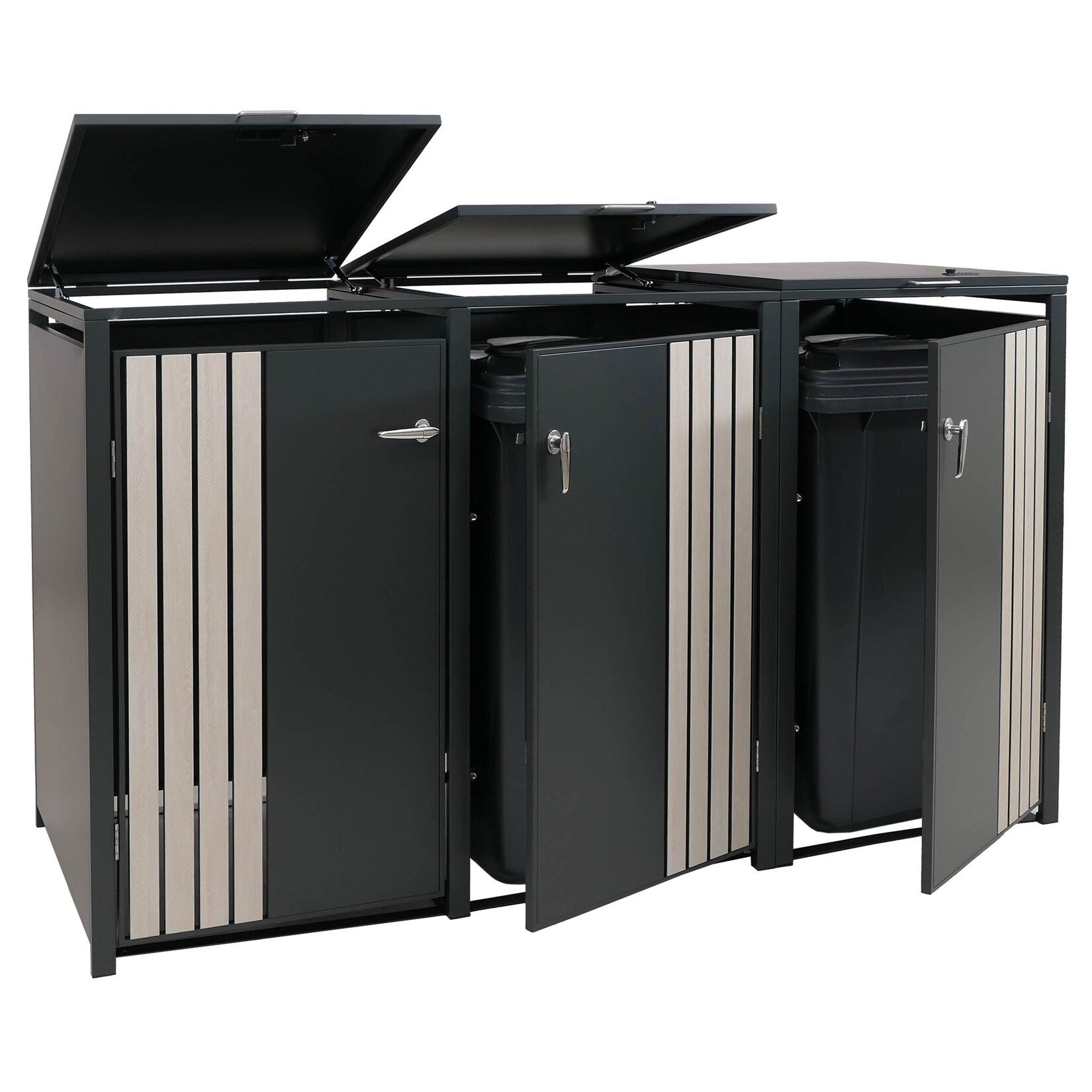 3er-Mülltonnenverkleidung MCW-O67, Mülltonnenbox mit Deckel, Metall 122x200x84cm 83kg ~ anthrazit Holzoptik hell