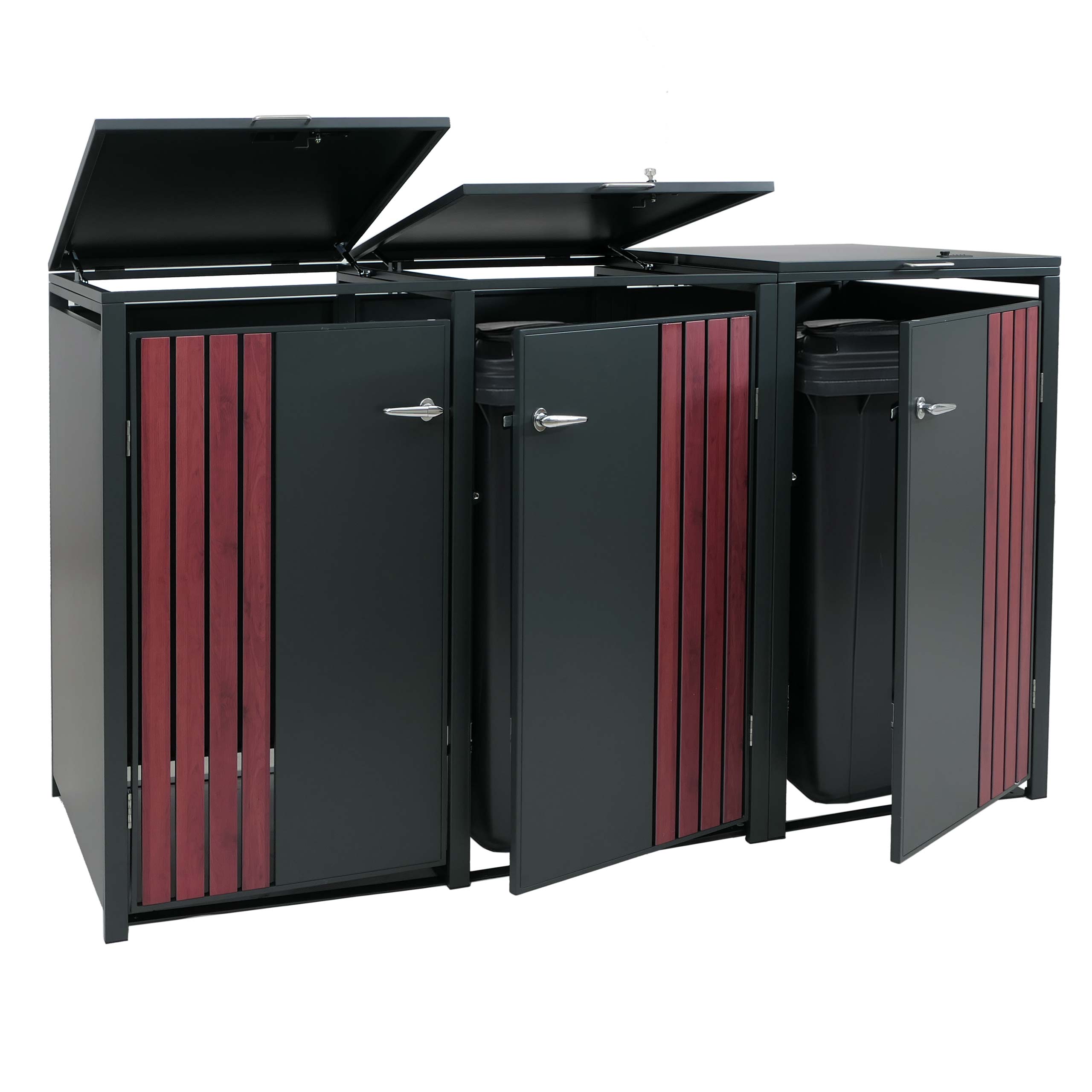 3er-M&uuml;lltonnenverkleidung MCW-O67, M&uuml;lltonnenbox mit Deckel, Metall 122x200x84cm 83kg ~ anthrazit Holzoptik dunkel - Bild 1