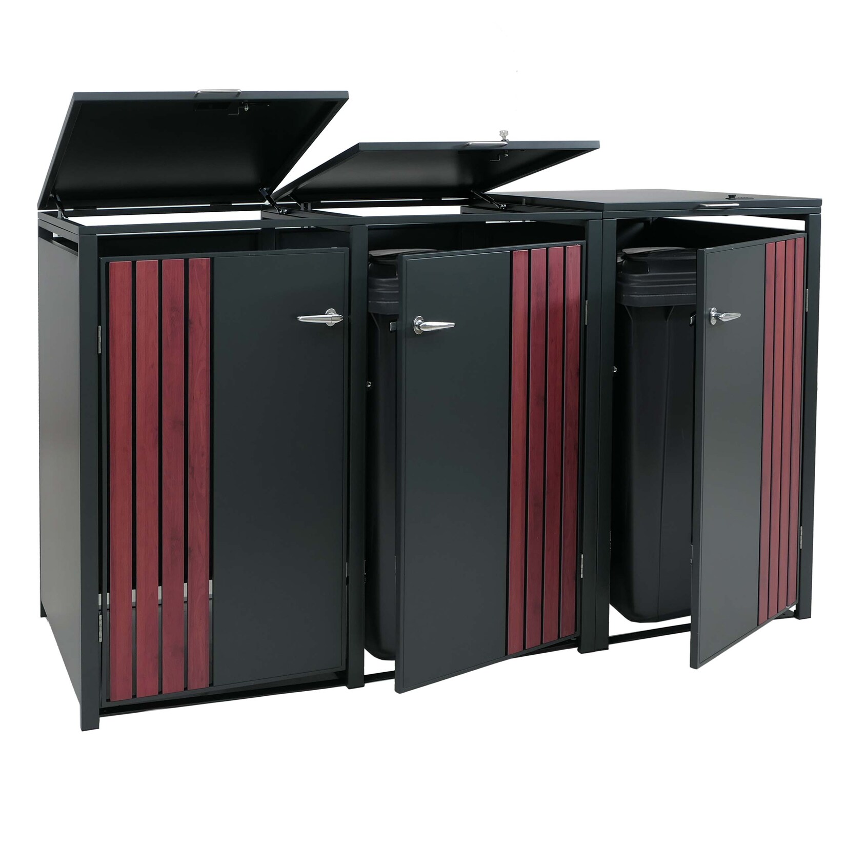 3er-Mülltonnenverkleidung MCW-O67, Mülltonnenbox mit Deckel, Metall 122x200x84cm 83kg ~ anthrazit Holzoptik dunkel