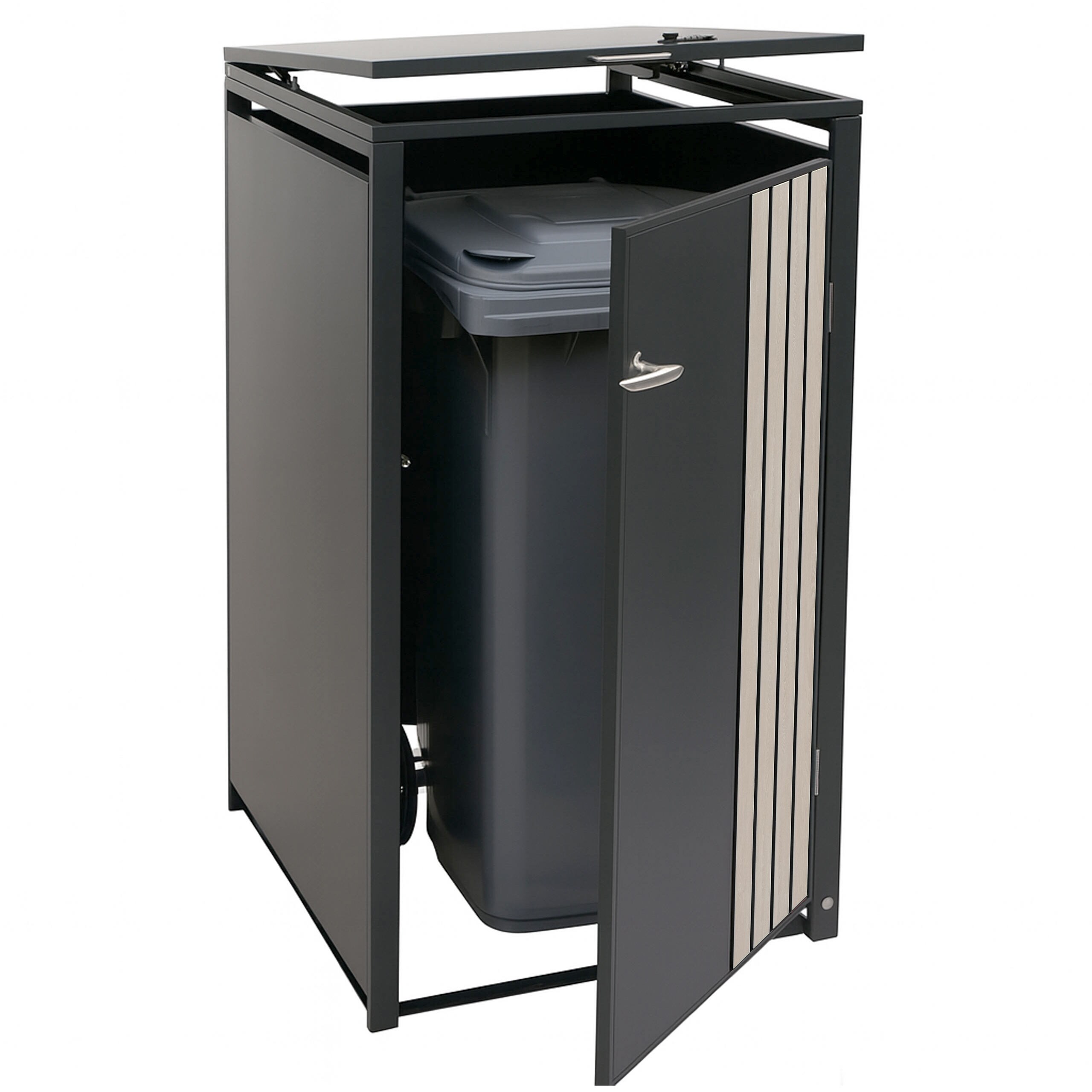 1er-M&uuml;lltonnenverkleidung MCW-O67, M&uuml;lltonnenbox mit Deckel, Metall 122x68x84cm 35kg ~ anthrazit Holzoptik hell - Bild 1