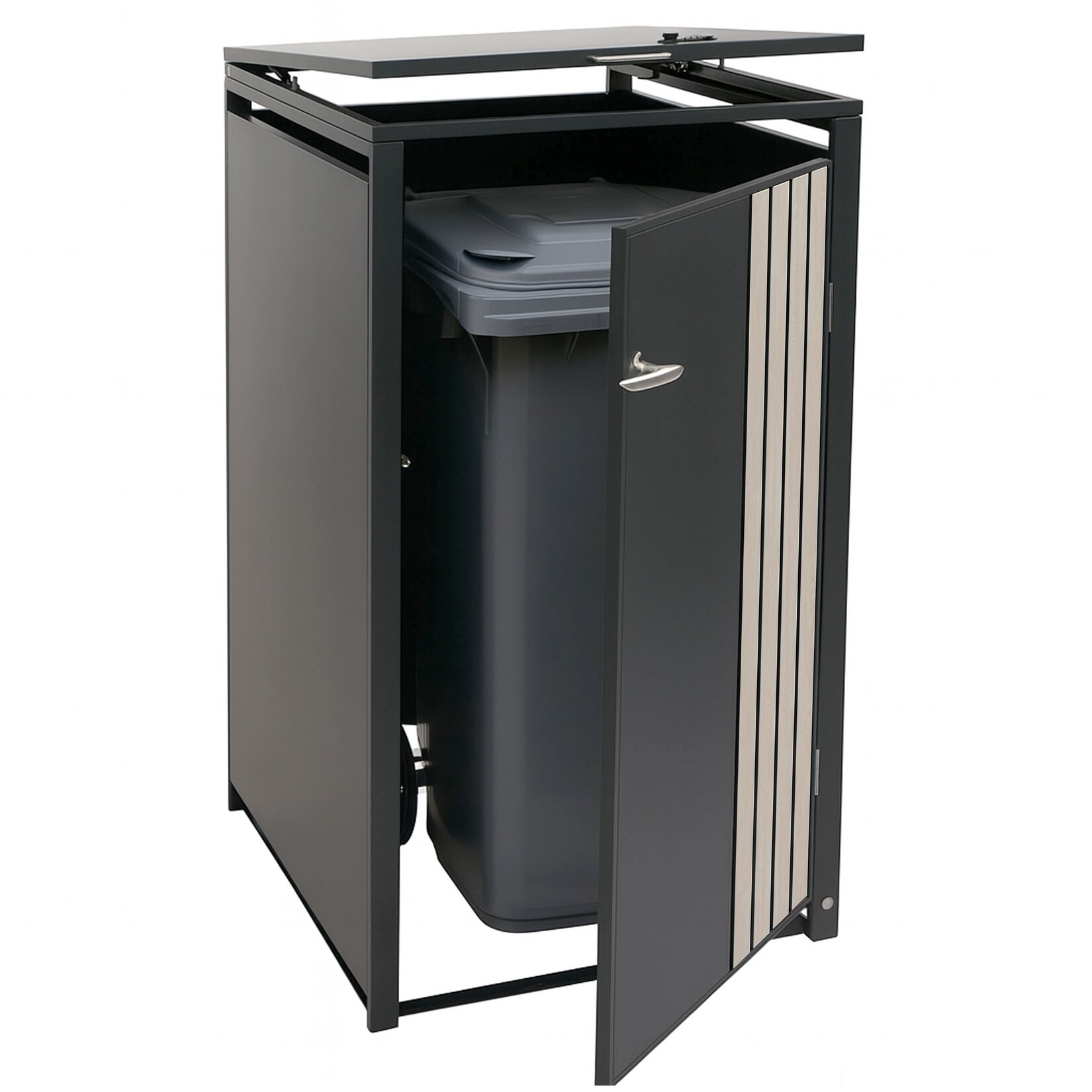 1er-Mülltonnenverkleidung MCW-O67, Mülltonnenbox mit Deckel, Metall 122x68x84cm 35kg ~ anthrazit Holzoptik hell