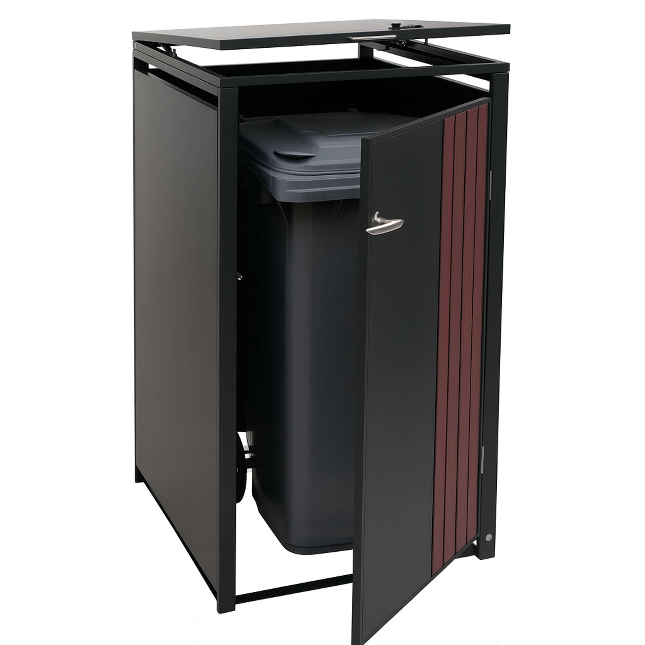 1er-M&uuml;lltonnenverkleidung MCW-O67, M&uuml;lltonnenbox mit Deckel, Metall 122x68x84cm 35kg ~ anthrazit Holzoptik dunkel - Bild 1
