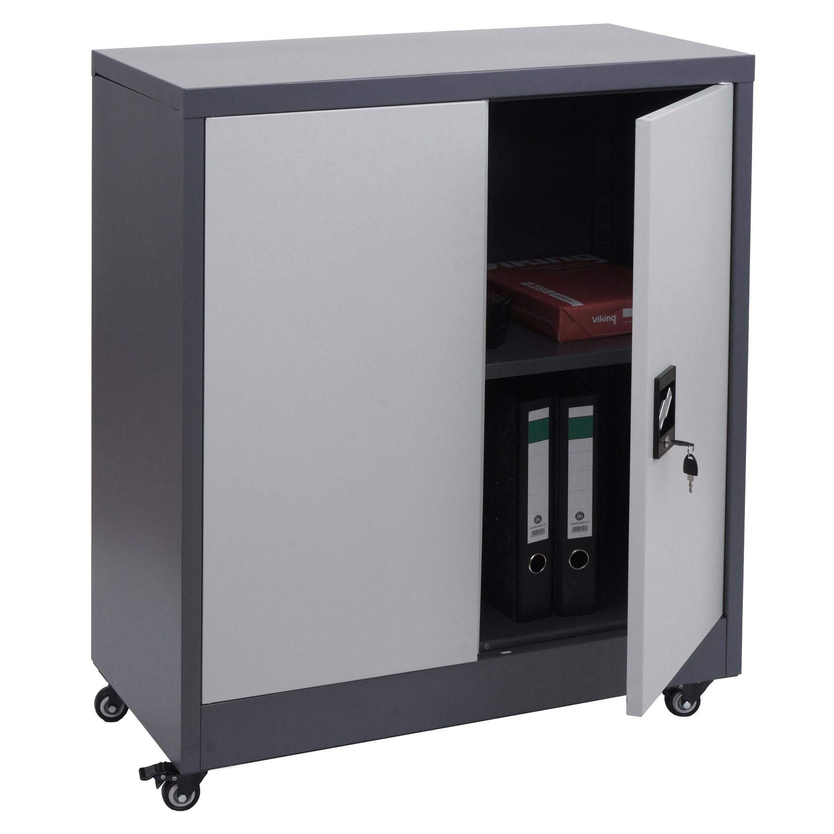 Aktenschrank MCW-O50, Büroschrank Stahlschrank mit Rollen, 2 Türen abschließbar, Stahl 98x80x40cm ~ dunkelgrau hellgrau