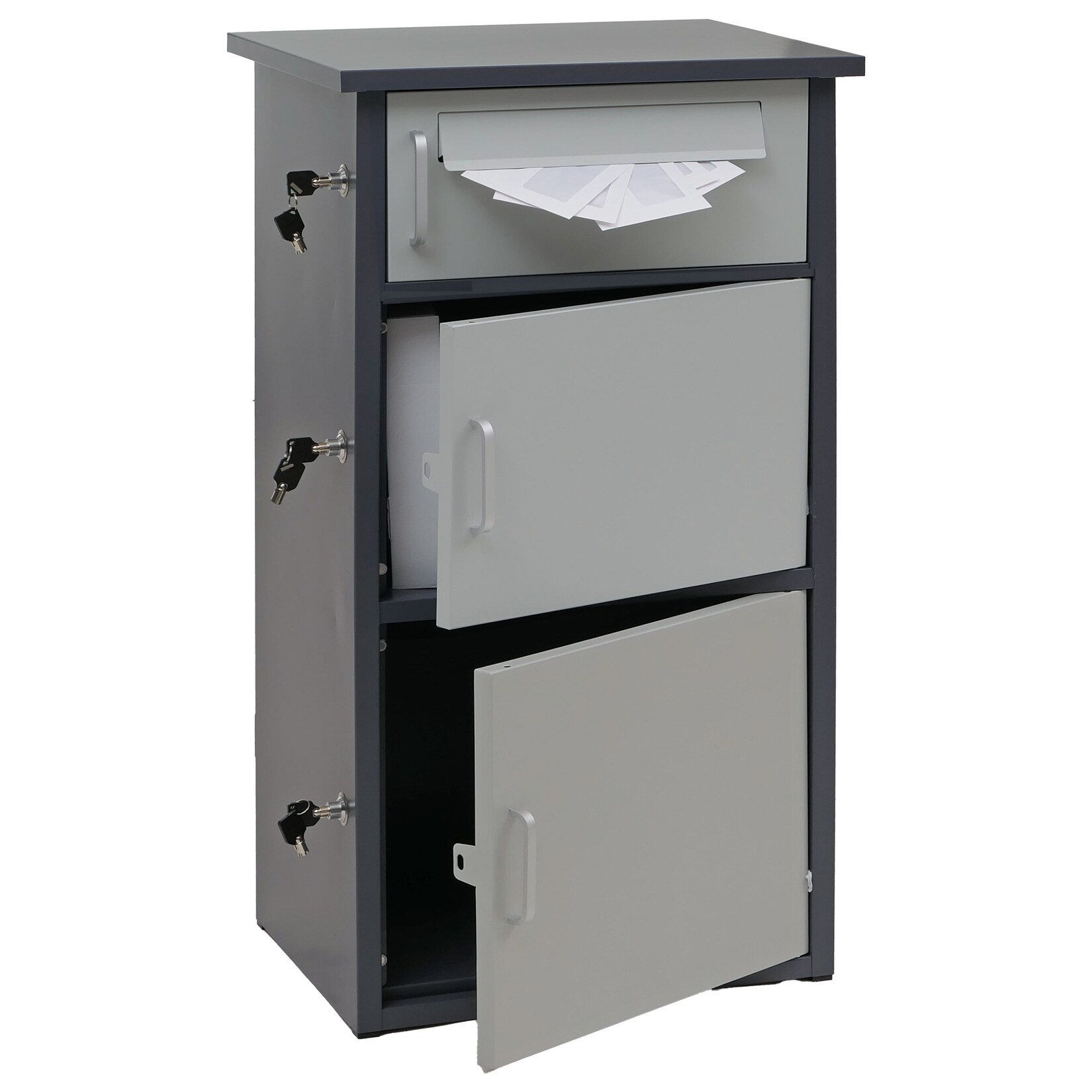 Paketkasten MCW-O51, Paketbox Paketfach Paketstation Briefkasten 3 Fächer, Stahl 89x49x38cm ~ dunkelgrau/hellgrau