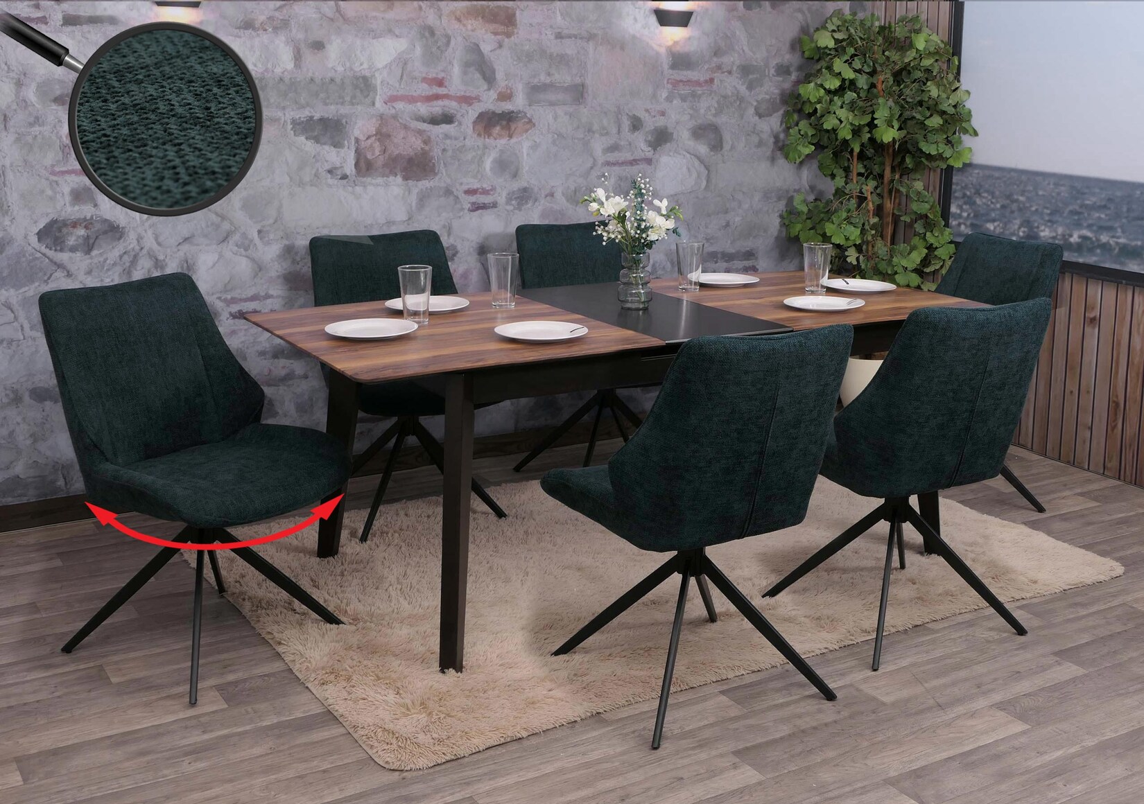 6er-Set Esszimmerstuhl MCW-O48, Küchenstuhl, drehbar Auto-Return, Stoff/Textil Chenille (320g/m²) Öko-Tex ~ petrol-grün
