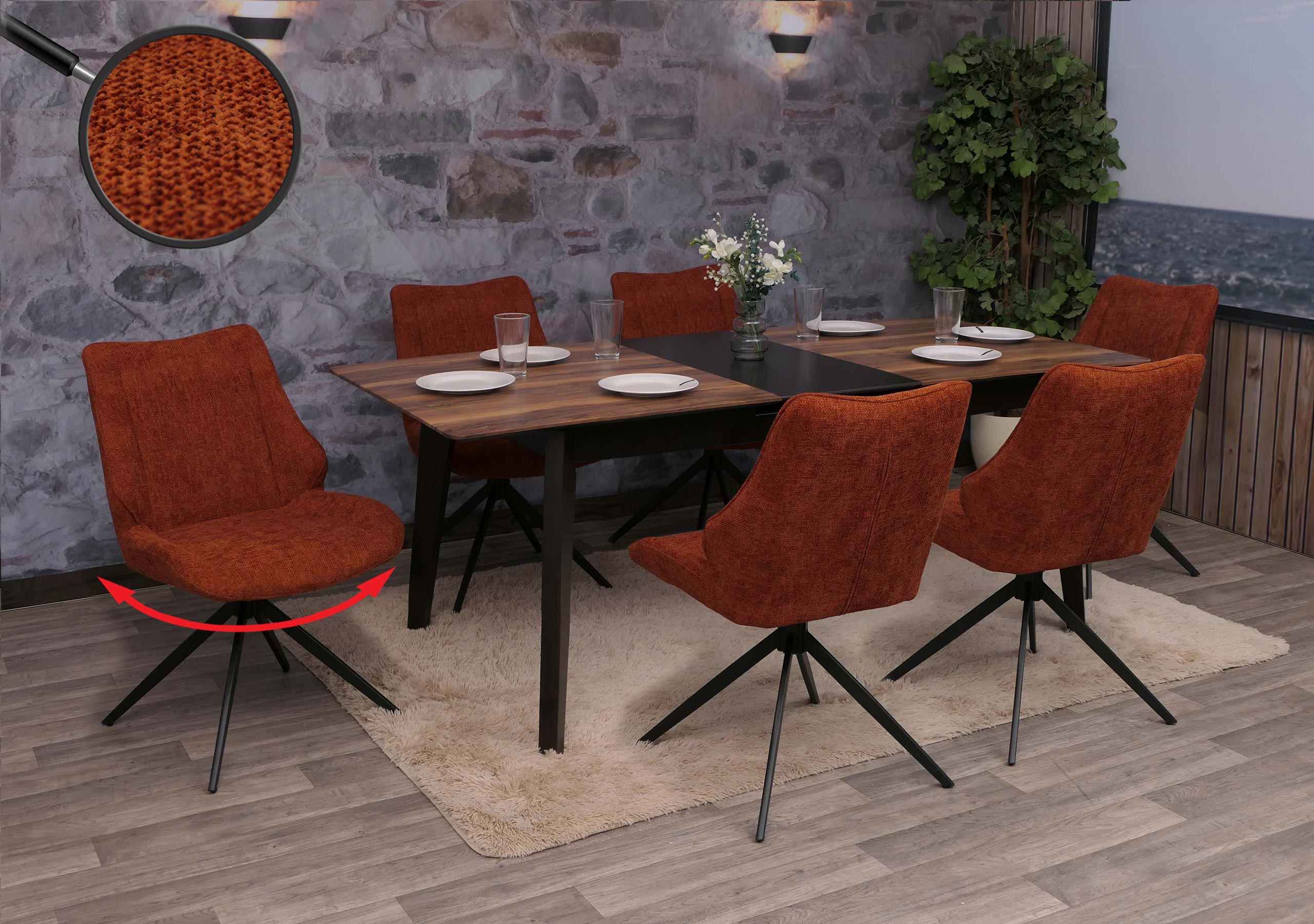 6er-Set Esszimmerstuhl MCW-O48, K&uuml;chenstuhl, drehbar Auto-Return, Stoff/Textil Chenille (320g/m&sup2;) &Ouml;ko-Tex ~ rotbraun - Bild 1