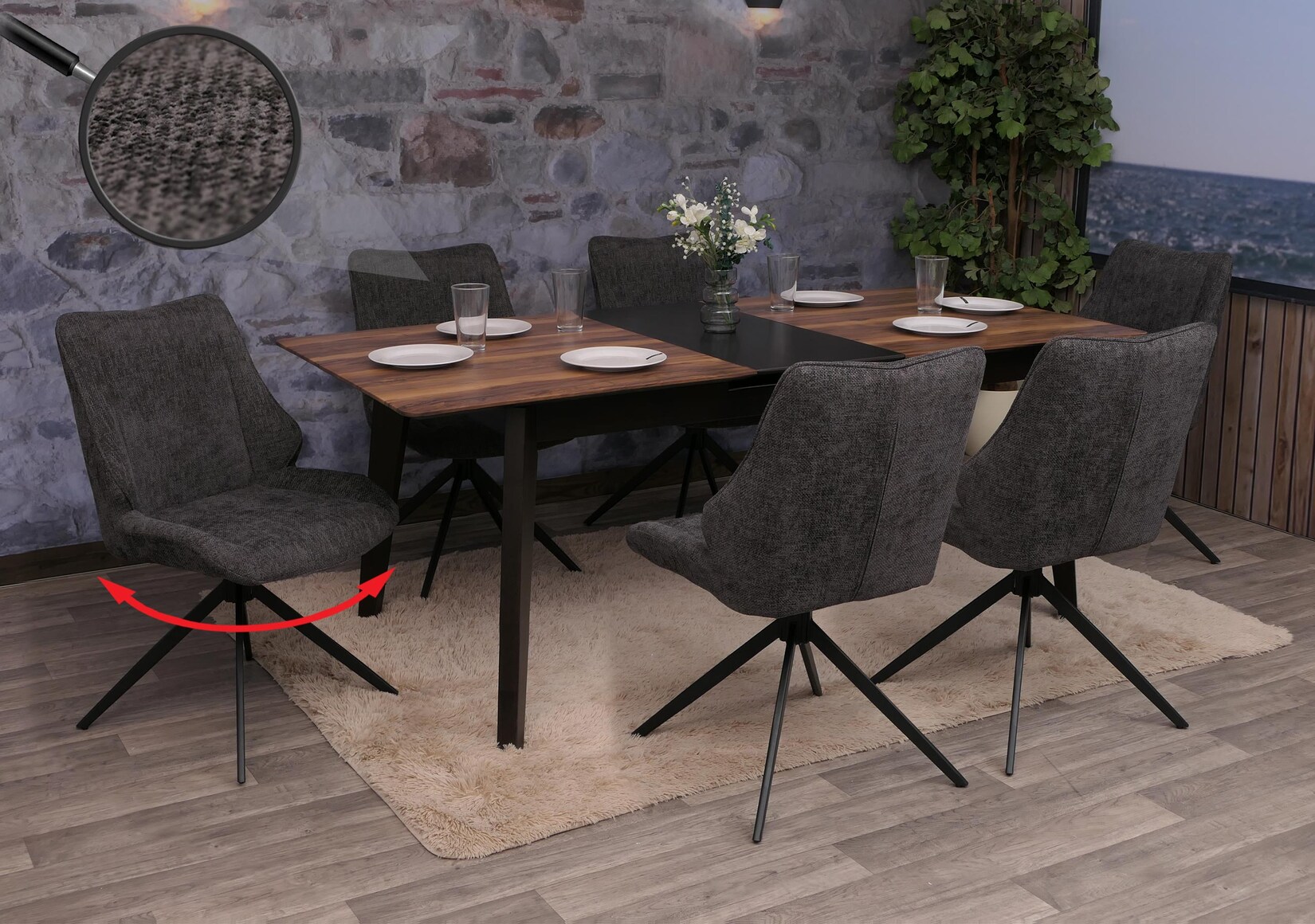 6er-Set Esszimmerstuhl MCW-O48, Küchenstuhl, drehbar Auto-Return, Stoff/Textil Chenille (320g/m²) Öko-Tex ~ grau
