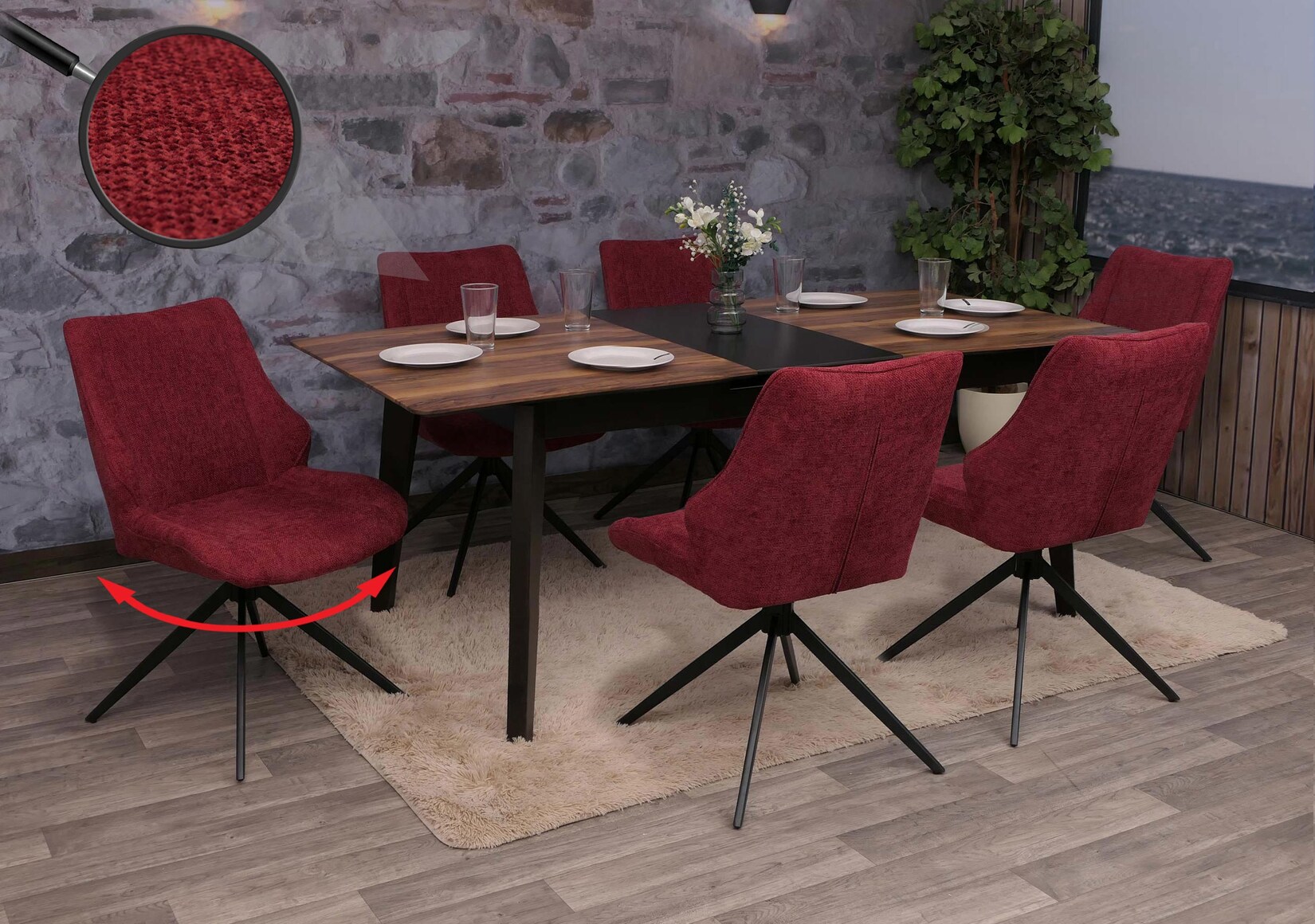 6er-Set Esszimmerstuhl MCW-O48, Küchenstuhl, drehbar Auto-Return, Stoff/Textil Chenille (320g/m²) Öko-Tex ~ bordeaux