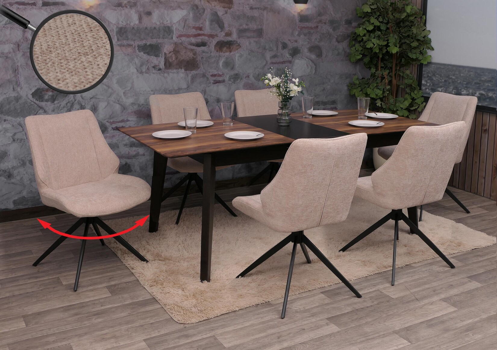 6er-Set Esszimmerstuhl MCW-O48, Küchenstuhl, drehbar Auto-Return, Stoff/Textil Chenille (320g/m²) Öko-Tex ~ beige